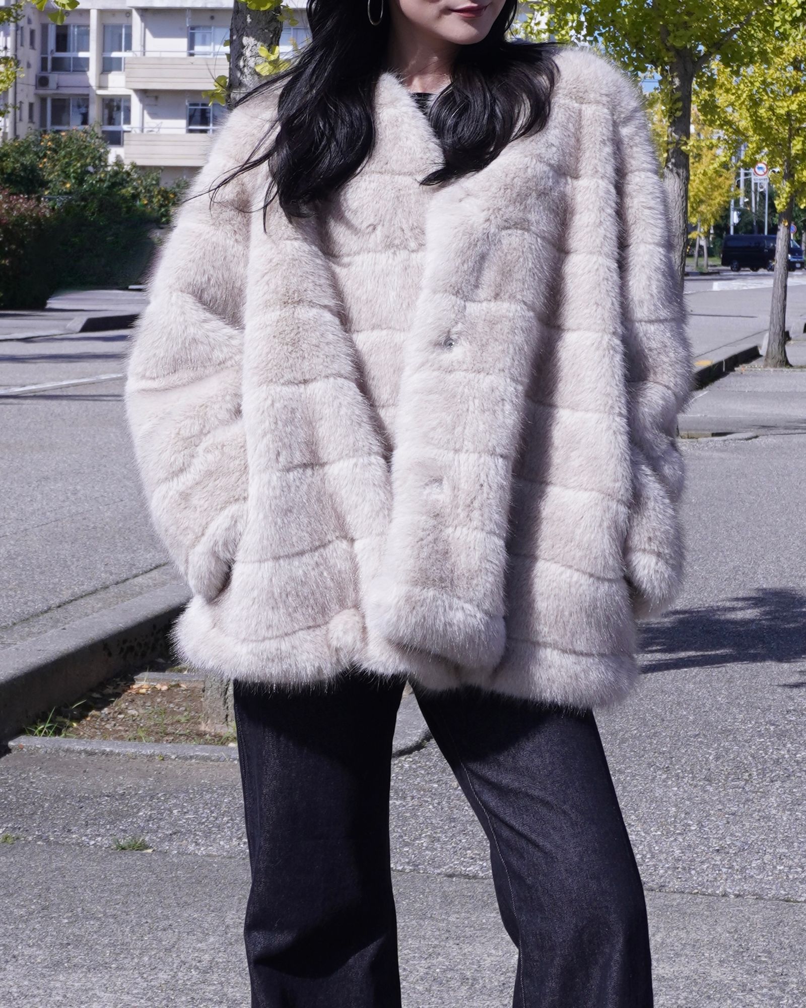 【25AW】Border Fur Coat (グレージュ) / ボーダーファーコート / エコファー / フェイクファー