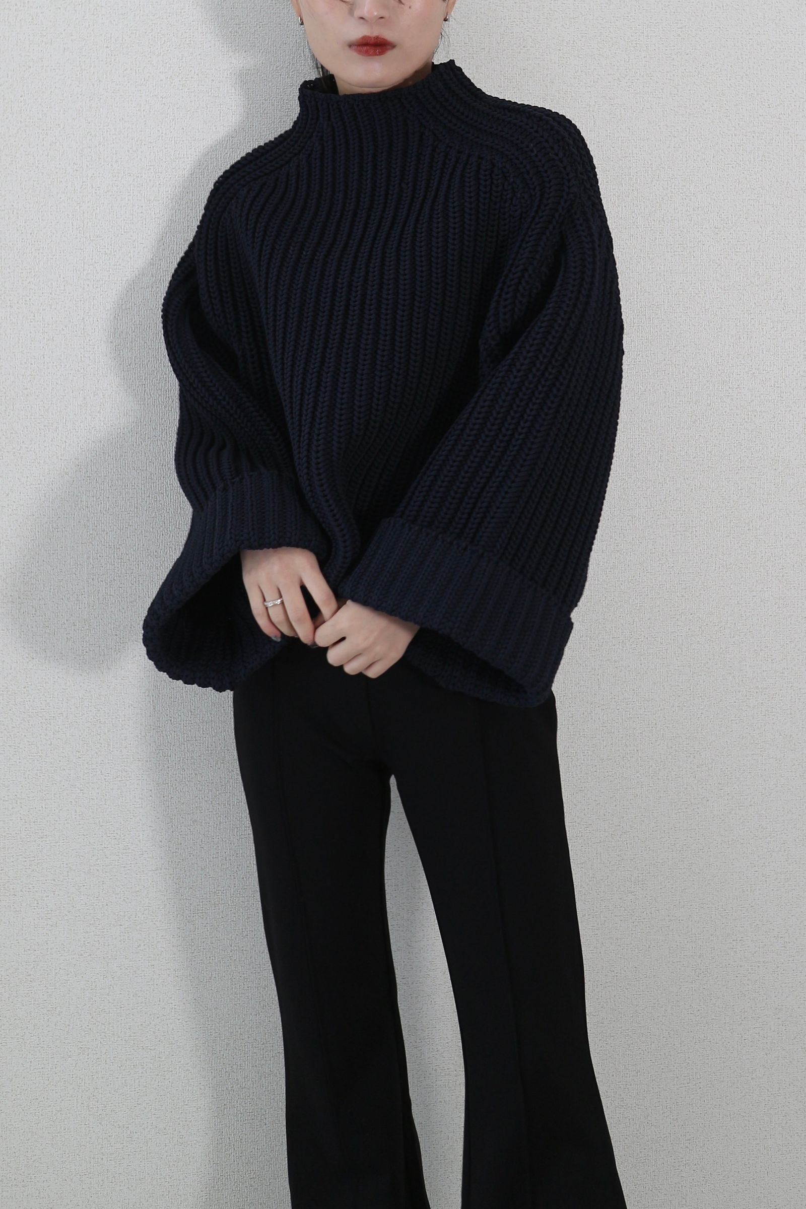 LOW GAUGE MOCK NECK KNIT TOPS / ローゲージモックネックニットトップス (ネイビー)