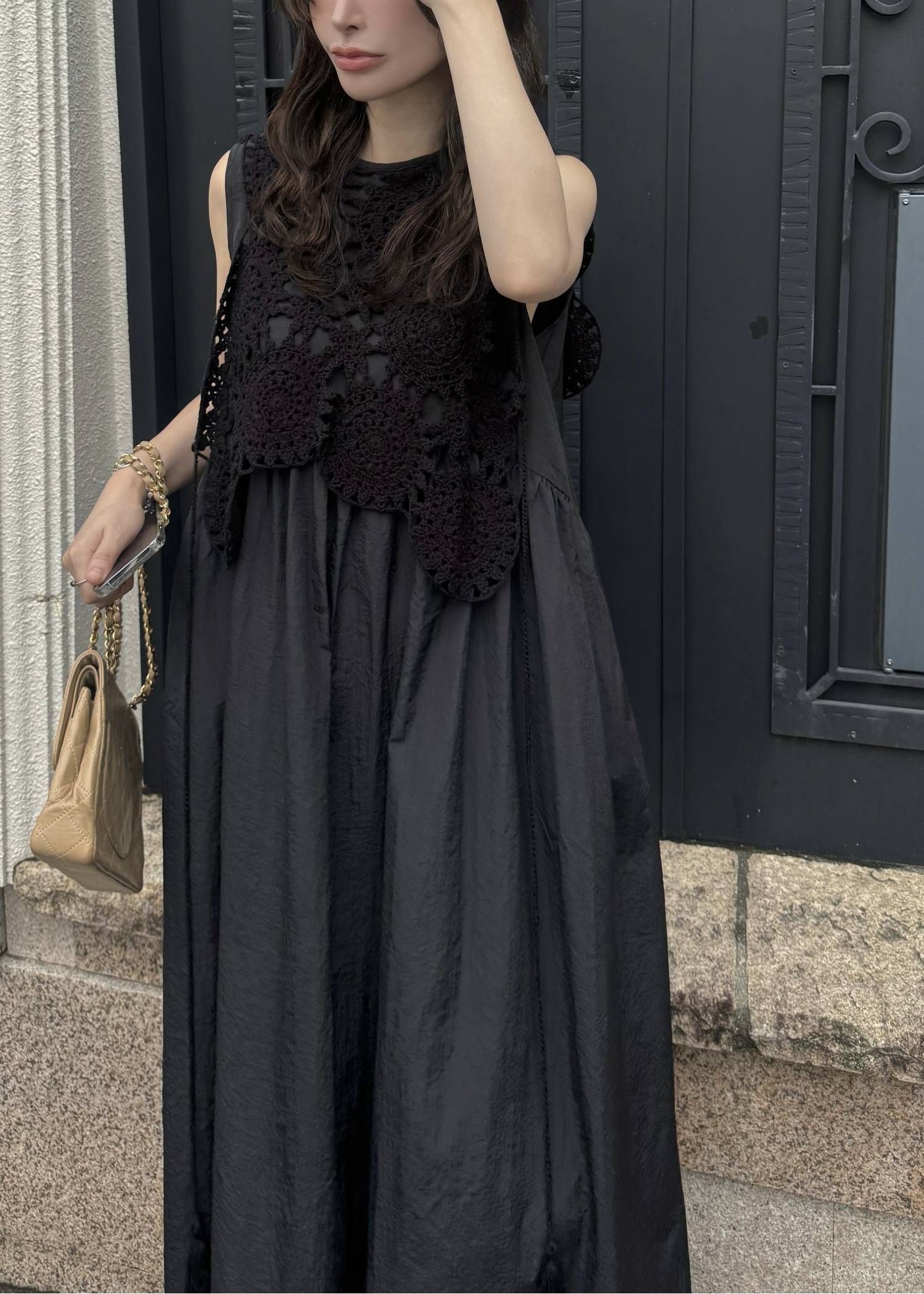 クロシェ ナイロンワンピース (ブラック) crochet knit layered nylon OP (Black) /  26SS