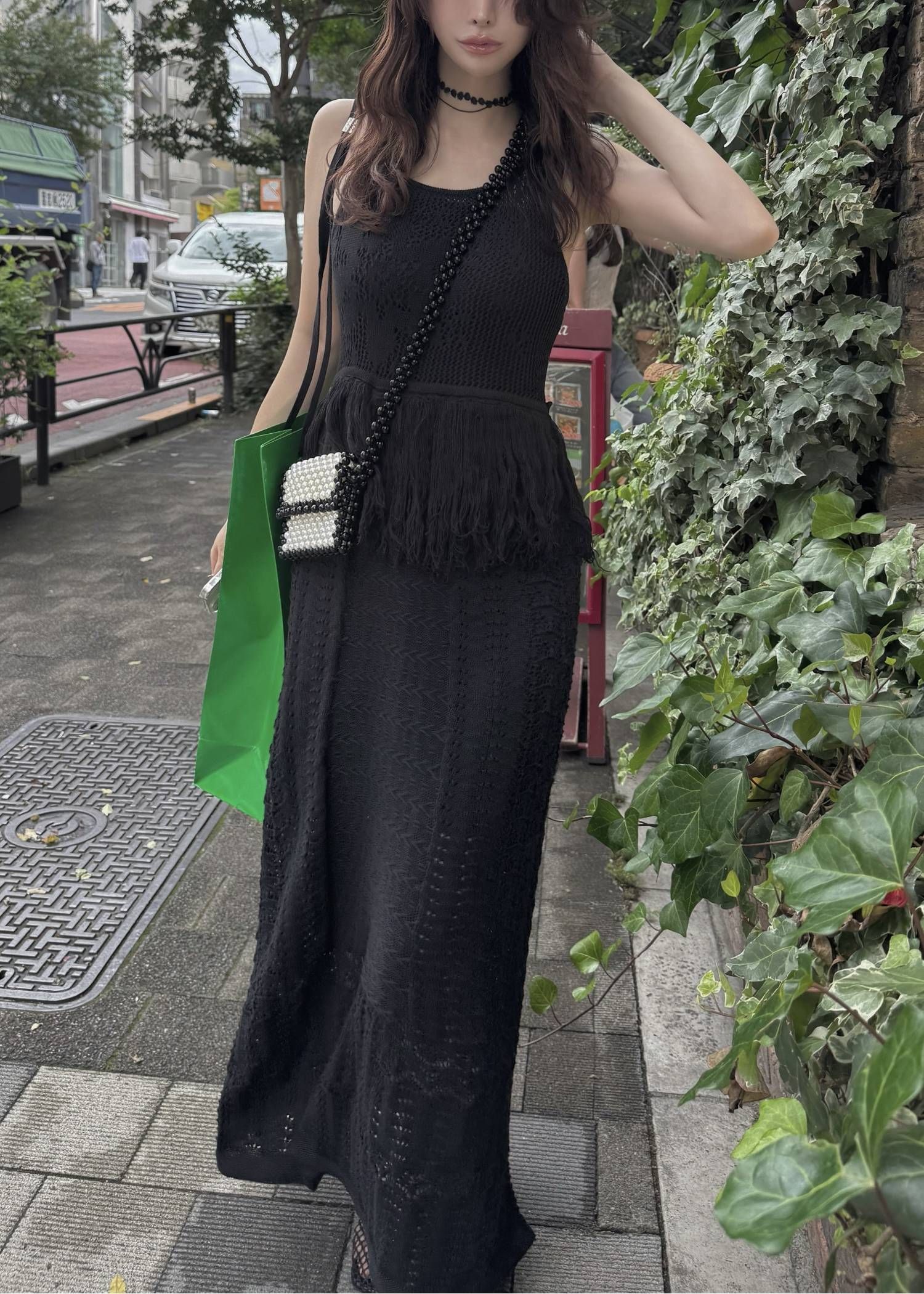 マルチパターン ニットワンピース (ブラック) multi pattern jacquard fringe knit OP (Black) /  26SS