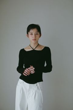 オーガニックコットンスクエアホルターニットトップス (ブラック)
