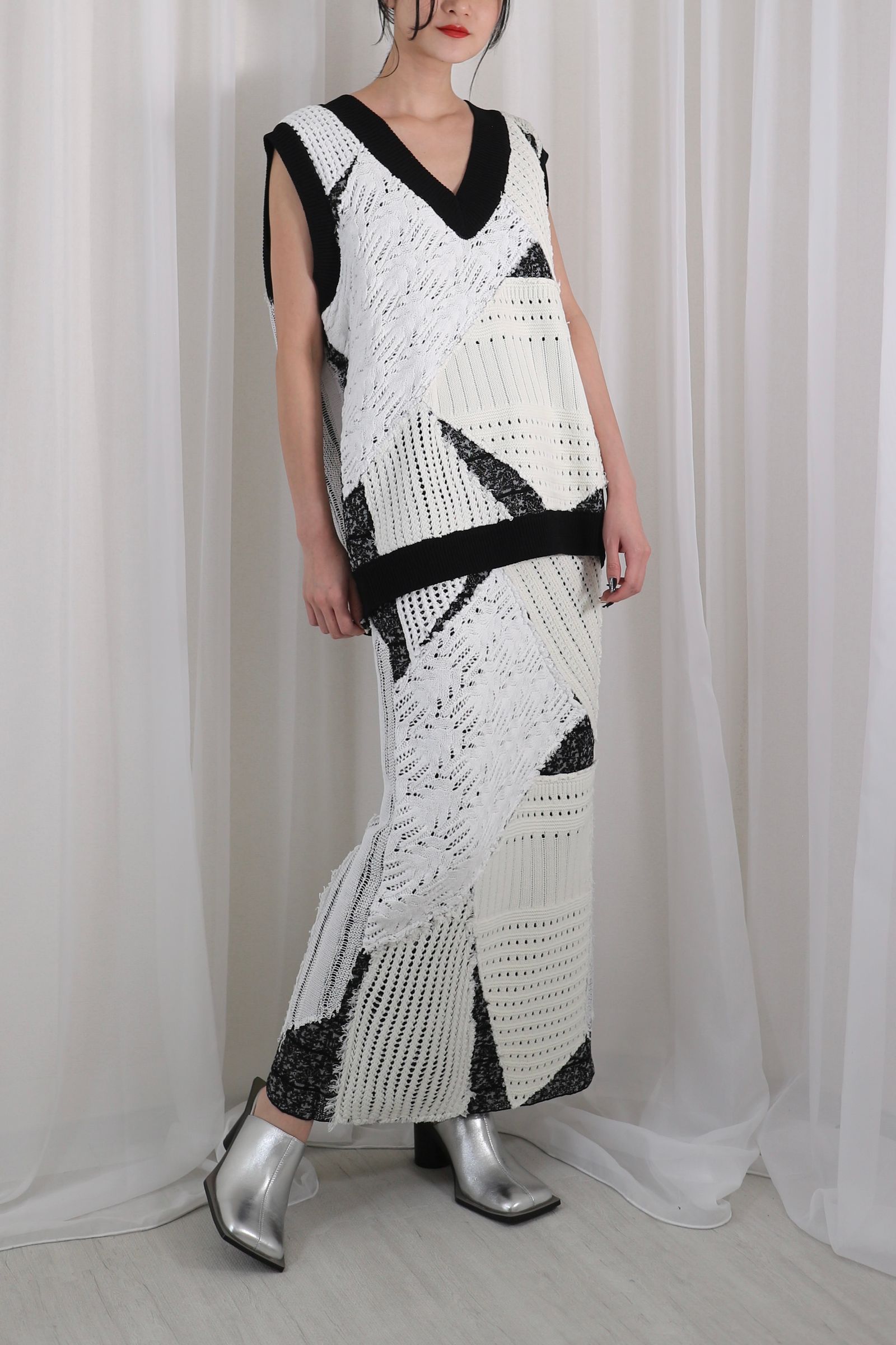 PATCHWORK I LINE KNIT SKIRT / パッチワークIラインニットスカート (ミルク)