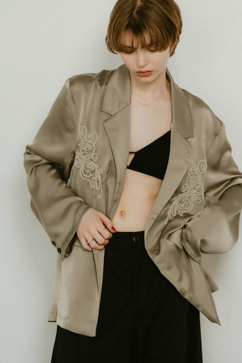 embroidered satin jacket / エンブロイド サテンジャケット (モスグリーン) / 25SS