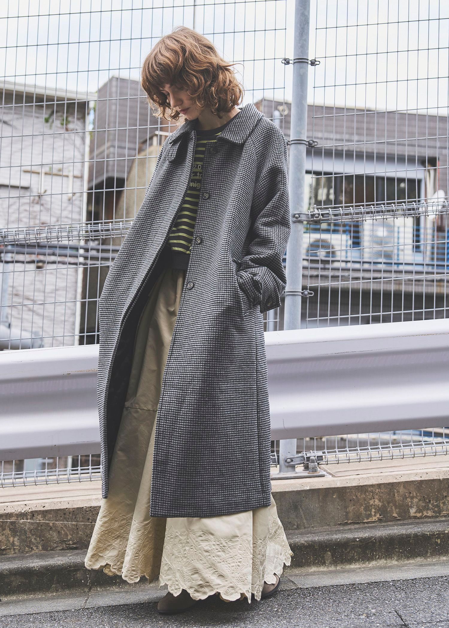 hound tooth soutien collar quilting coat / ハウンドトゥース ステンカラーコート (チャコール) / 25AW /