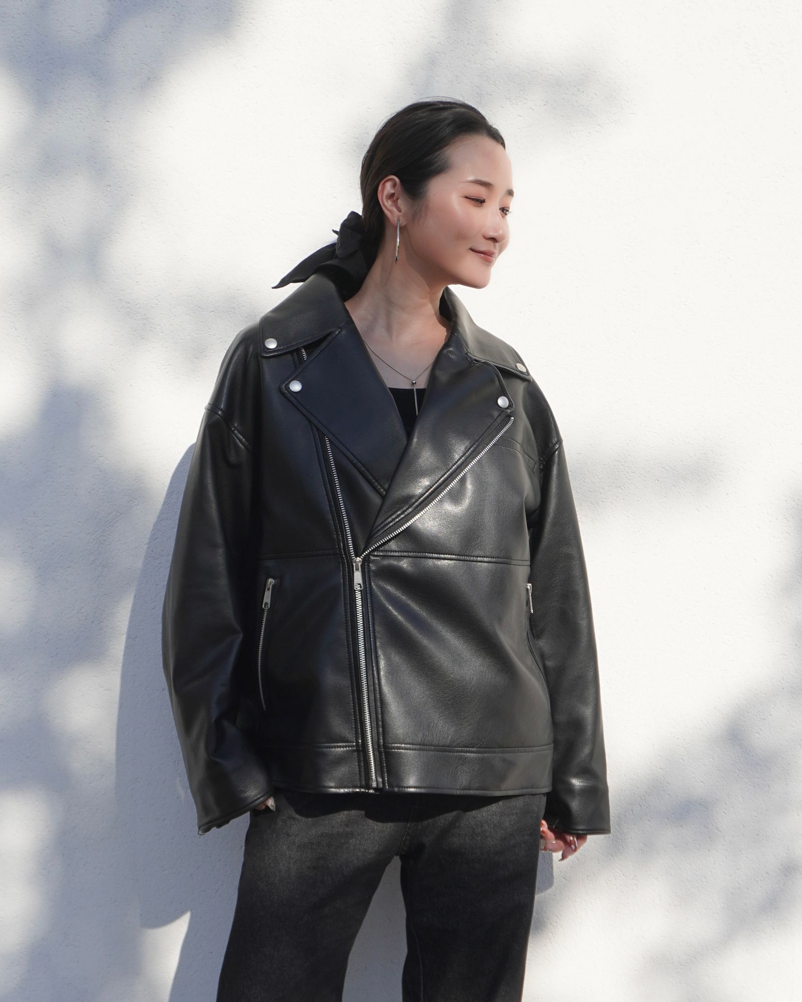 DIANTE ブラック エコレザー ライダーズジャケット THINK FUR - 【25AW】Eco Leather Riders Jacket (ブラック