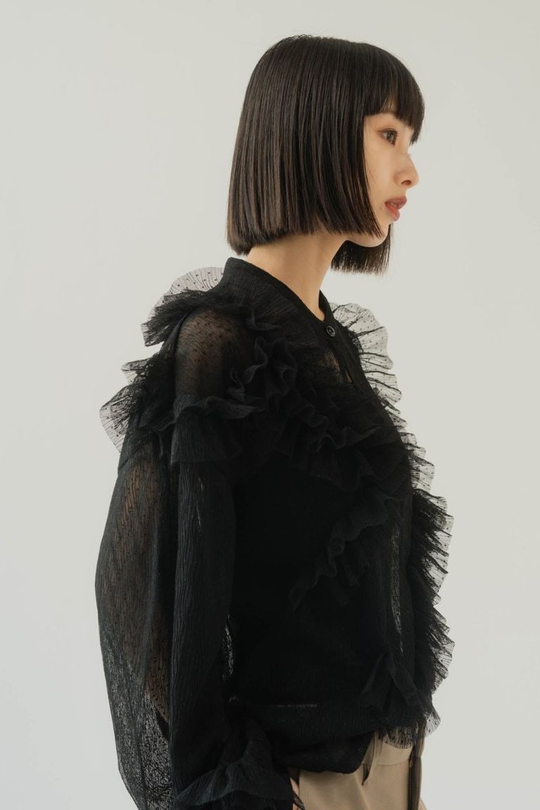 "まじめなボトムを着る日の一手"
シアーな生地にドットを乗せた繊細な1枚で着映え力も保証。
肌が部分的に透けることで、はかなげな女らしさと軽快感を。