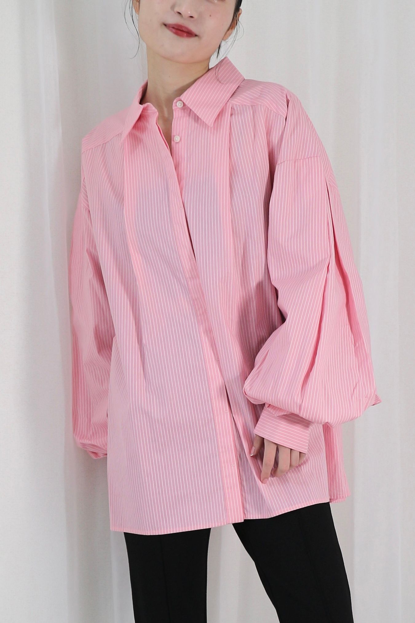 STRIPE VOLUME SLEEVE SHIRT / ストライプボリュームスリーブシャツ (ピンク)