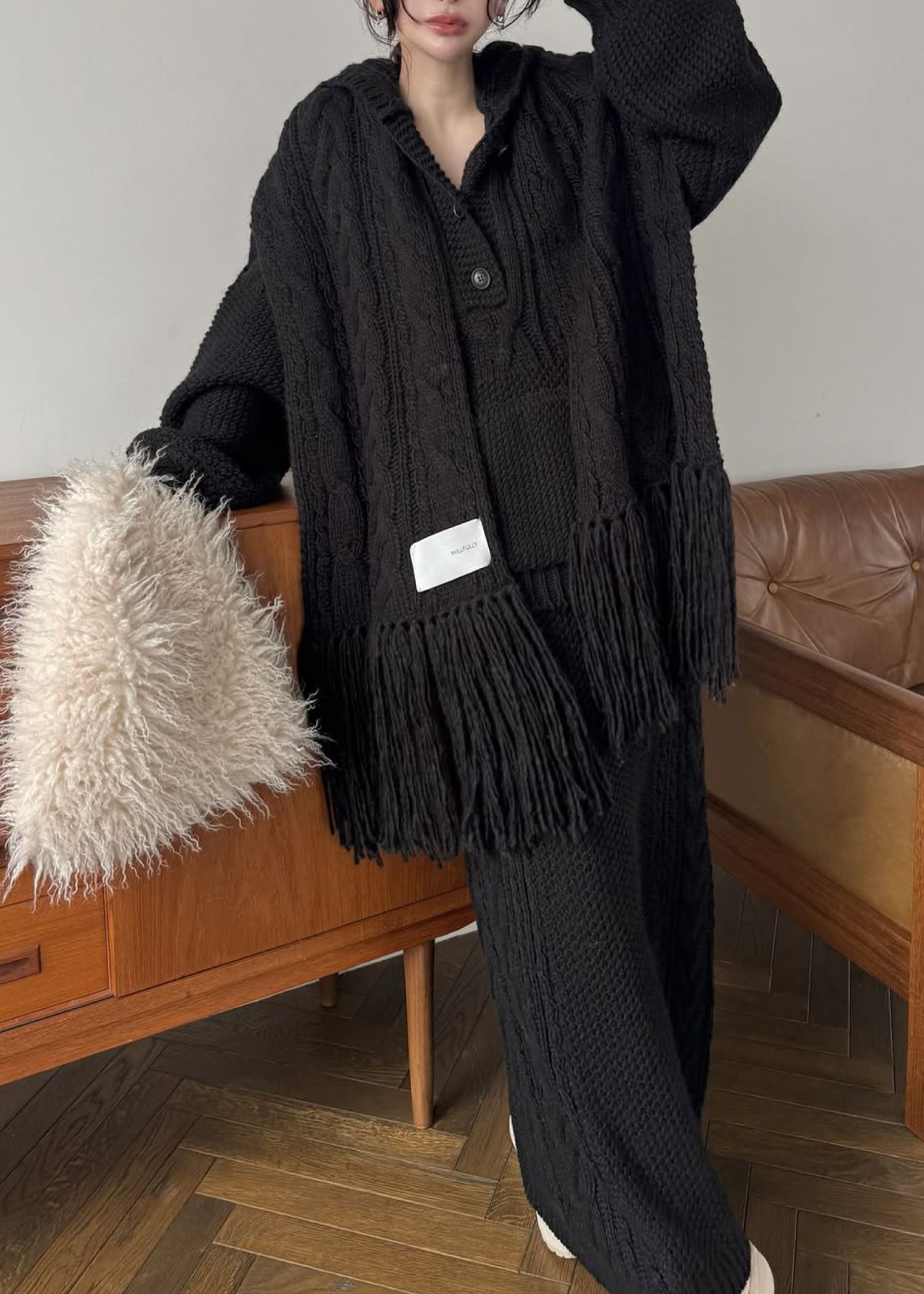 coarse knit cable fringe muffler / フリンジケーブルニットマフラー (ブラック) / 25AW