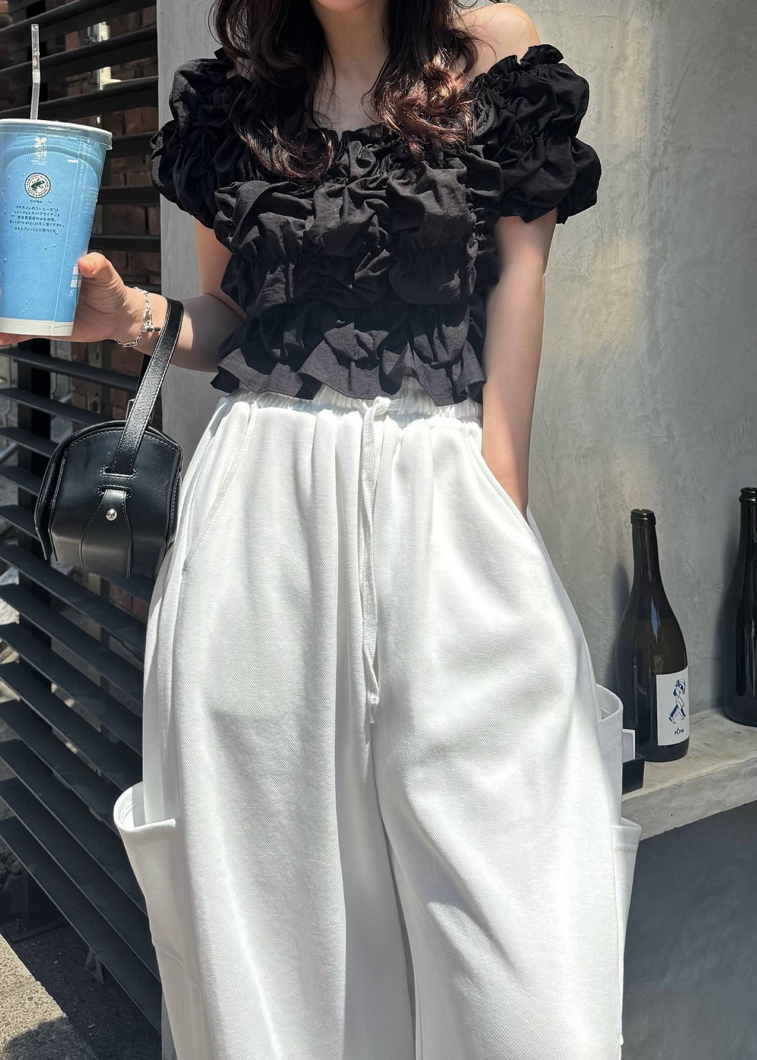 ホイップ ストライプトップス (ブラック) whip shirring stripe 2way tops (Black) /  26SS