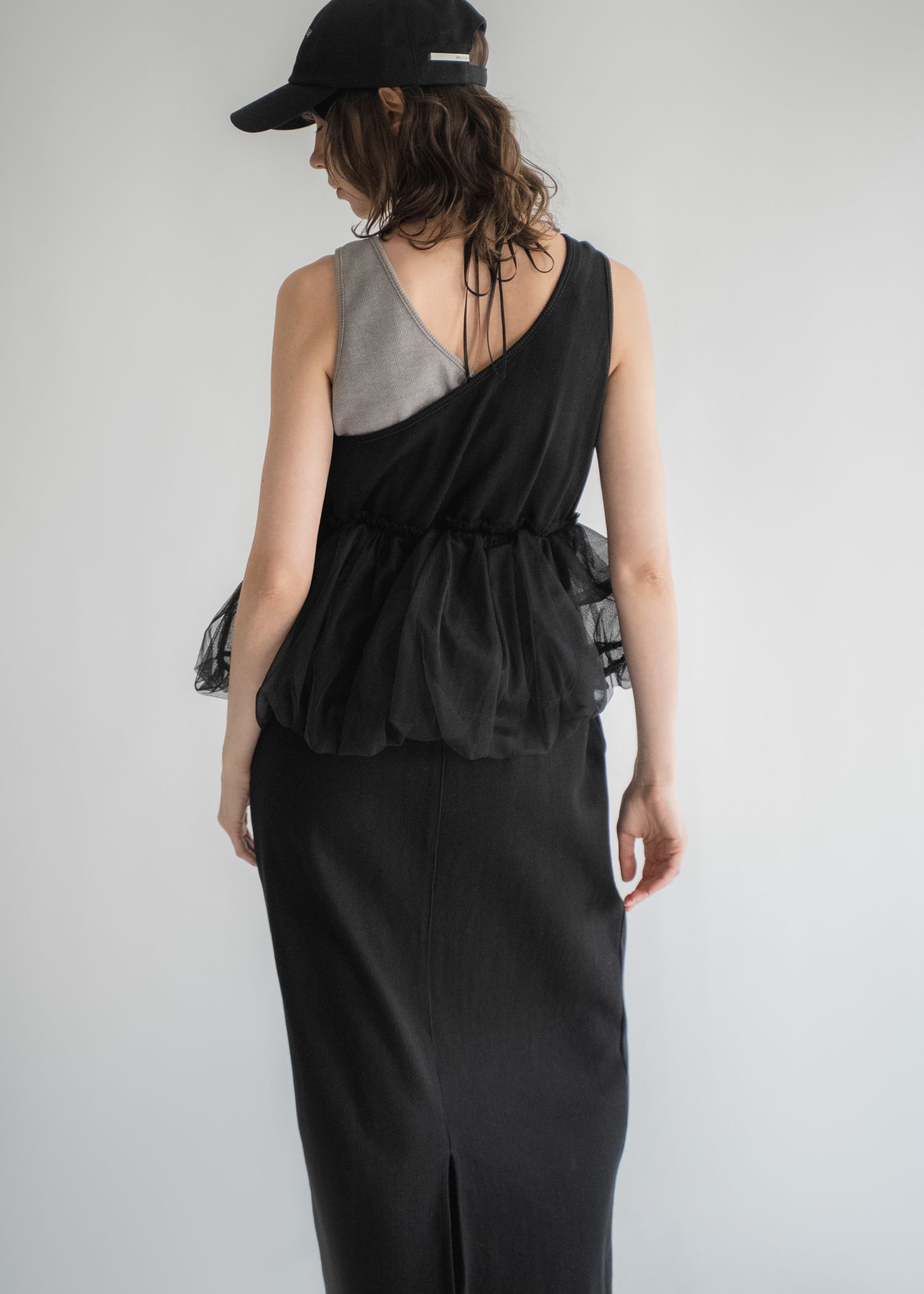 tulle peplum docking rib OP (Black) / チュールペプラムワンピース (オートミール) / 26SS