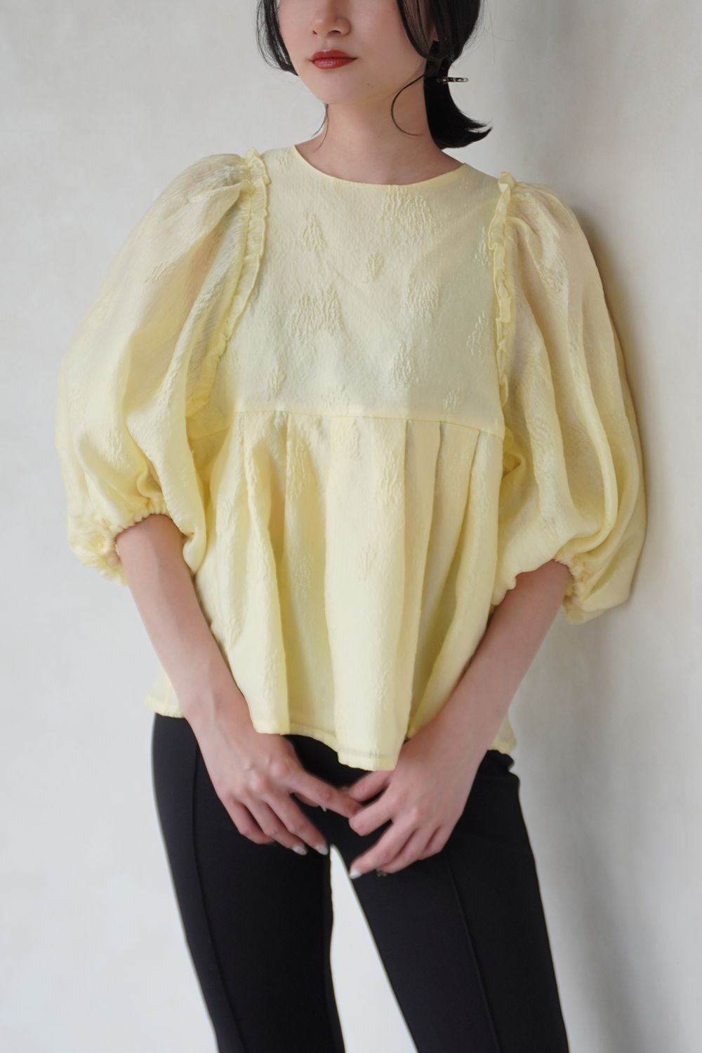 VOLUME SLEEVE JACQUARD TOPS / ボリュームスリーブジャカードトップス (イエロー)