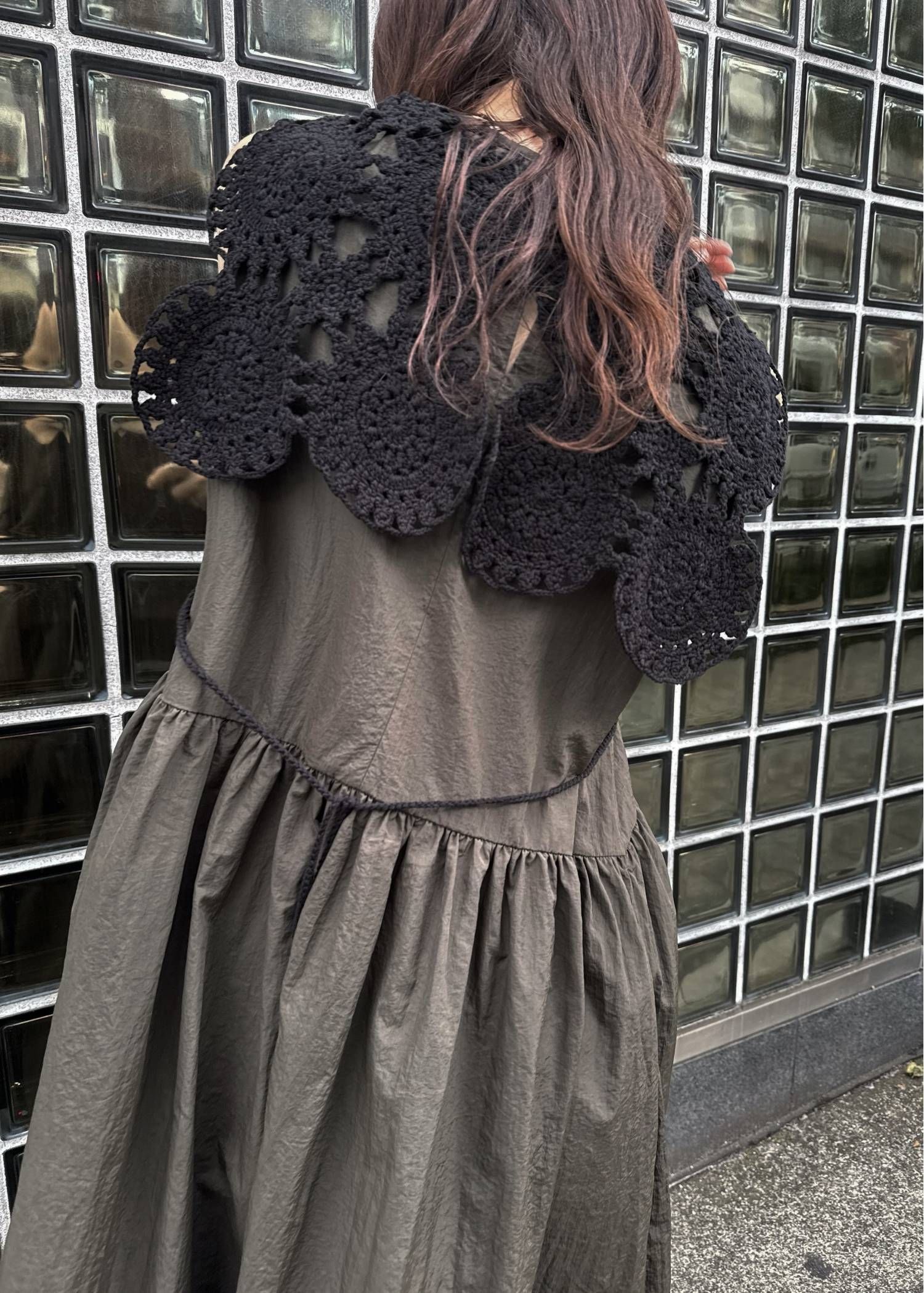 クロシェ ナイロンワンピース (カーキ) crochet knit layered nylon OP (Khaki) /  26SS