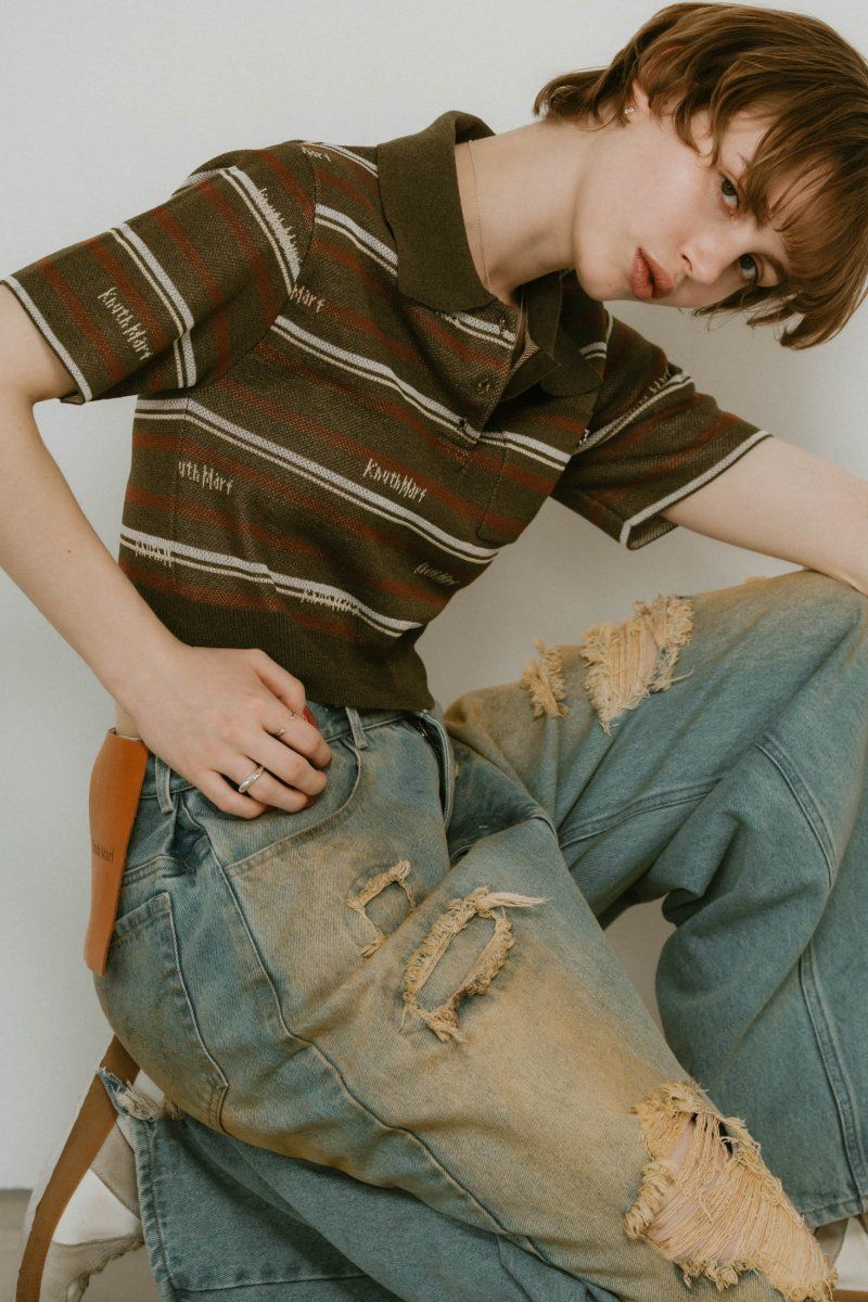 logo stripe polo knit / ロゴストライプ ニットポロシャツ ショート丈 (カーキ) / 25SS