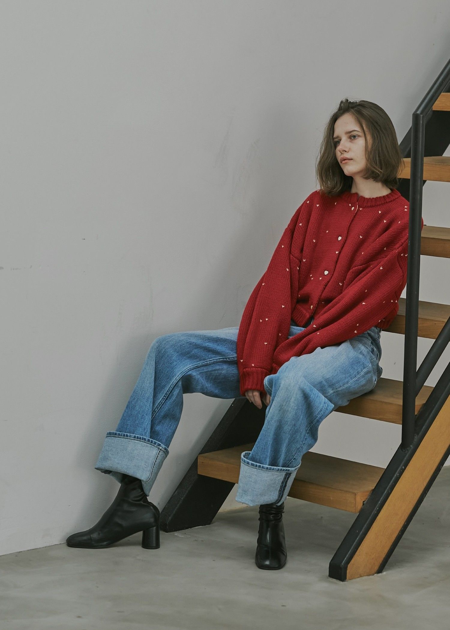 heart dot jacquard reversible cropped knit cardigan / ハートドット ジャガード リバーシブルクロップドカーディガン (レッド×タン) / 25AW