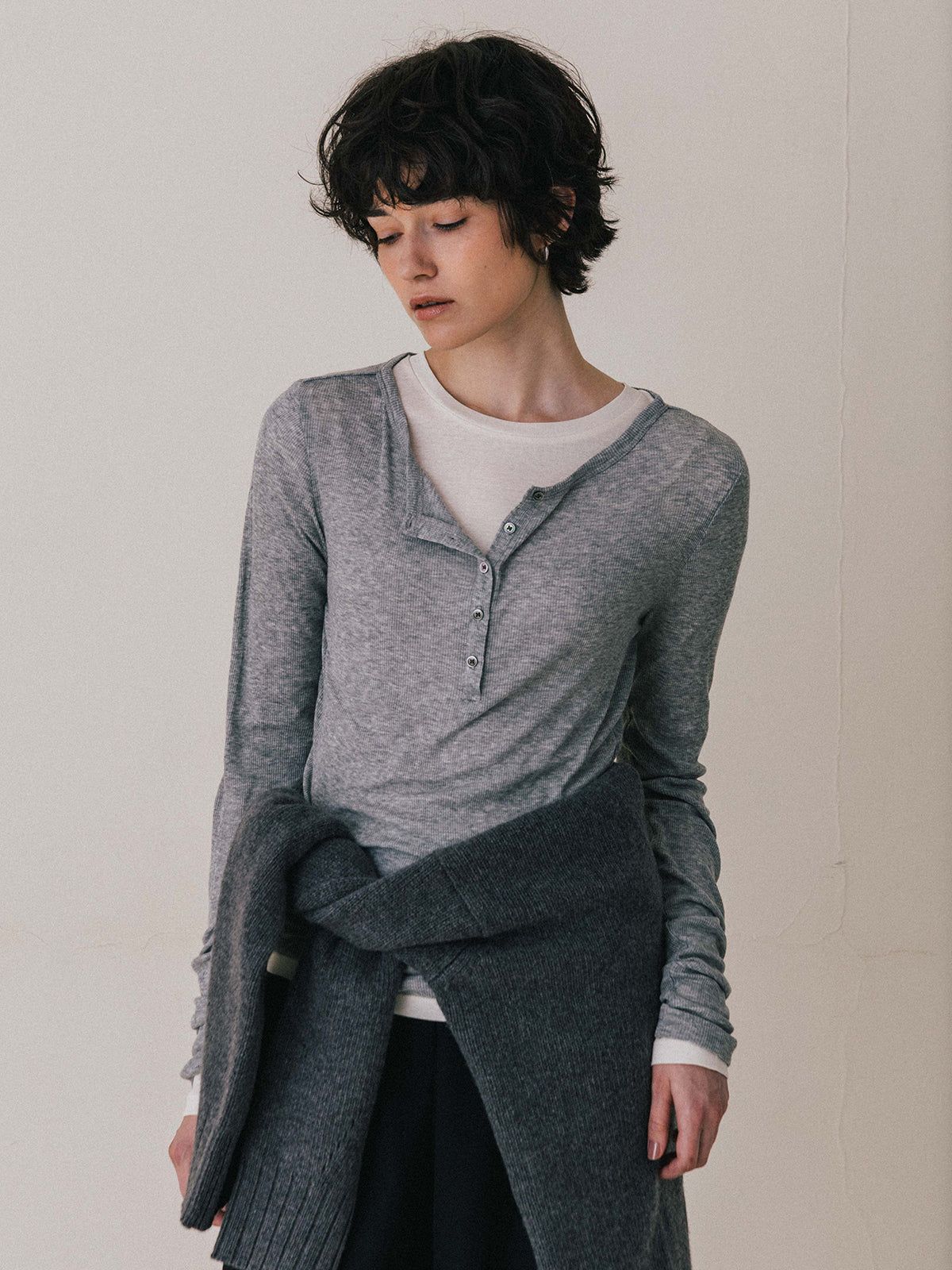 【25AW】LAYERED L/S HENLY TEE / レイヤード ロングスリーブ ヘンリーTシャツ (グレー)