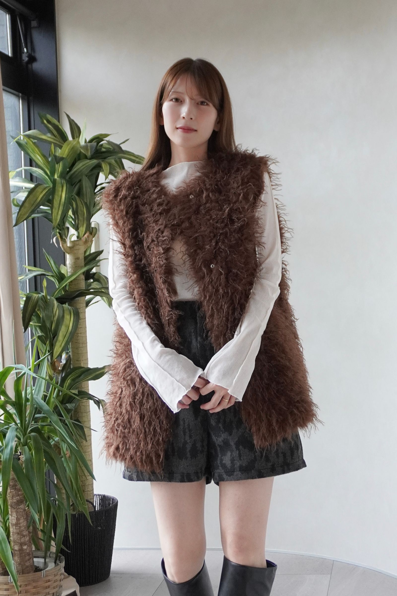 【26TH-18】カーリーファーベスト (ブラウン) Curly Fur Vest (Brown) /  エコファー  /  フェイクファー