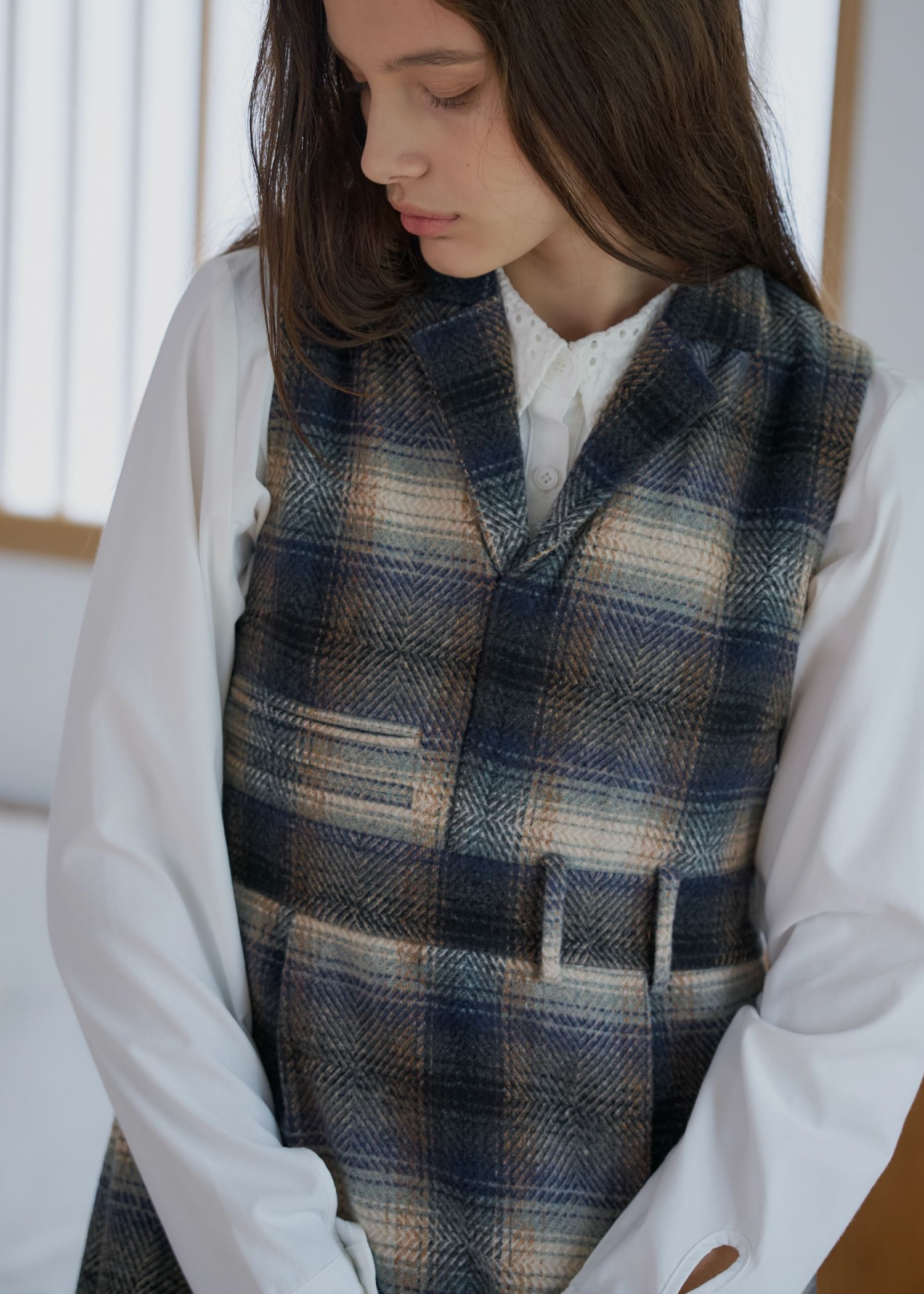 tailored collar no sleeve check OP / テーラード ノースリーブ チェックワンピース (フォグ) / 25AW /