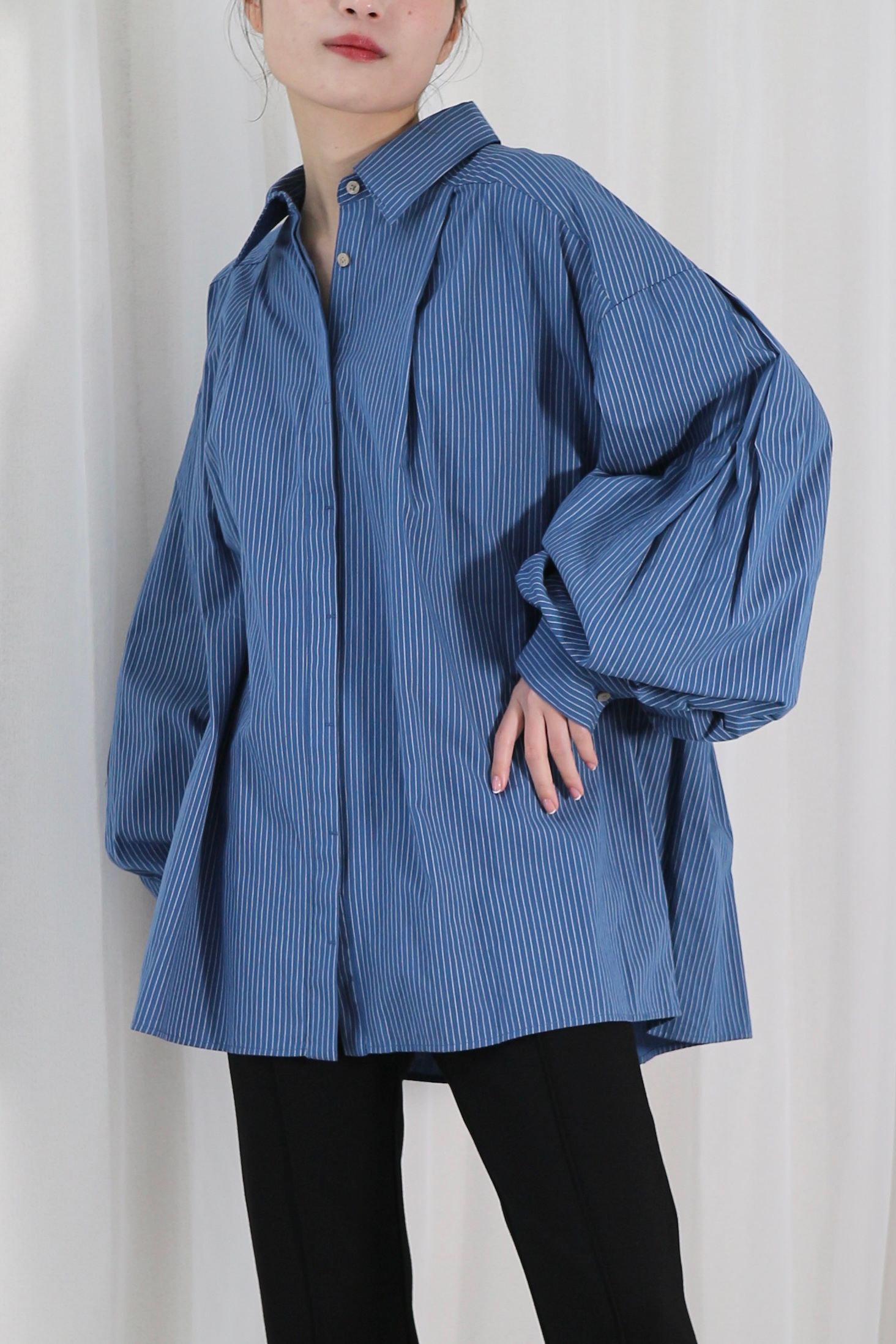 STRIPE VOLUME SLEEVE SHIRT / ストライプボリュームスリーブシャツ (ブルー)