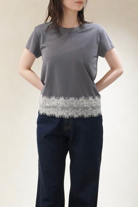 レース コンパクトTシャツ (ブルー) hem scallop lace compact T-Shirt (Blue) /  26SS