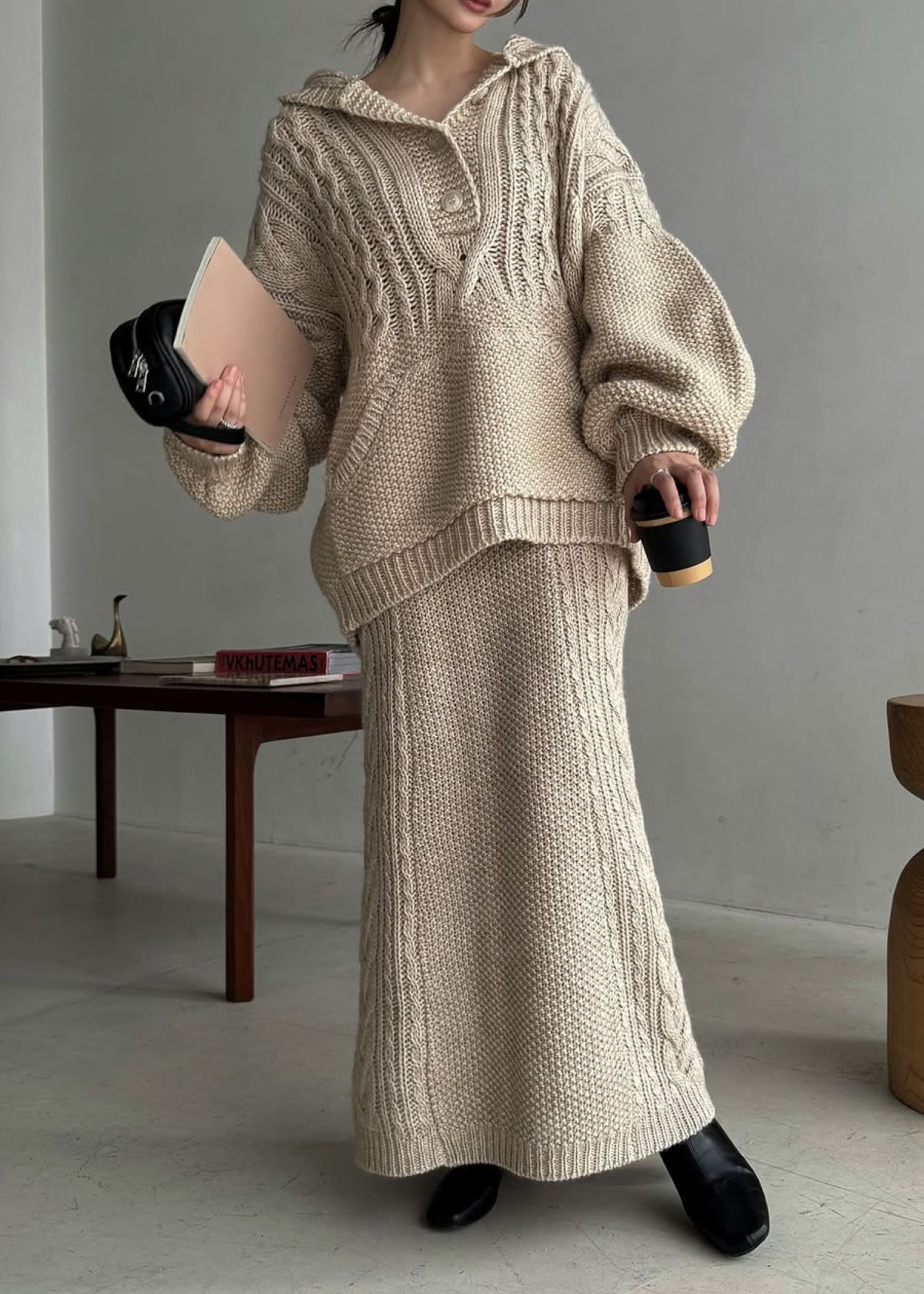 side cable coarse knit pencil SK / サイドケーブル ニットペンシルスカート (タン) / 25AW