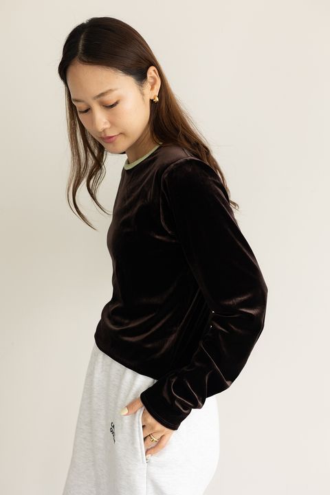 【25AW】Two-tone Velour Long Sleeve T-shirt / バイカラーベロアロンT (ブラウン)