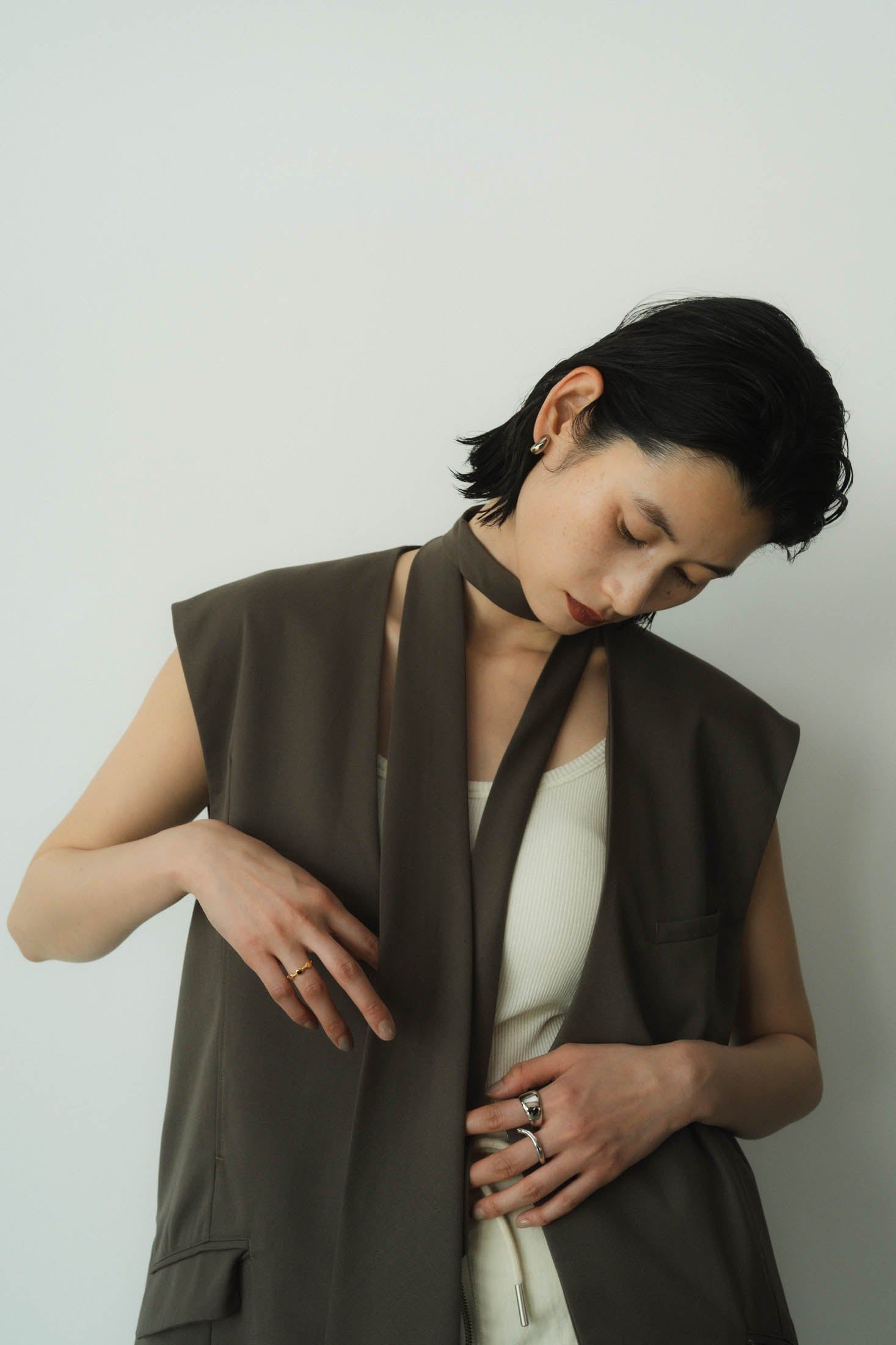 2way collarless gilet / 2ウェイ カラーレスジレ (グレージュ) / ユニセックス