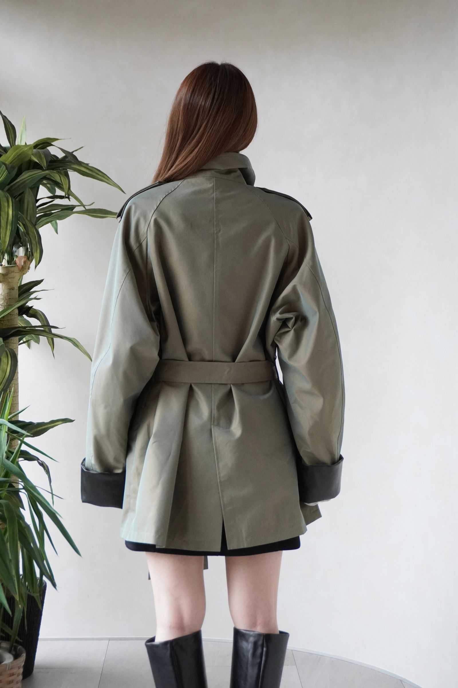 【26TH-05】スタンドカラートレンチコート (カーキ) Stand collar trench (Khaki) /  エコファー  /  フェイクファー