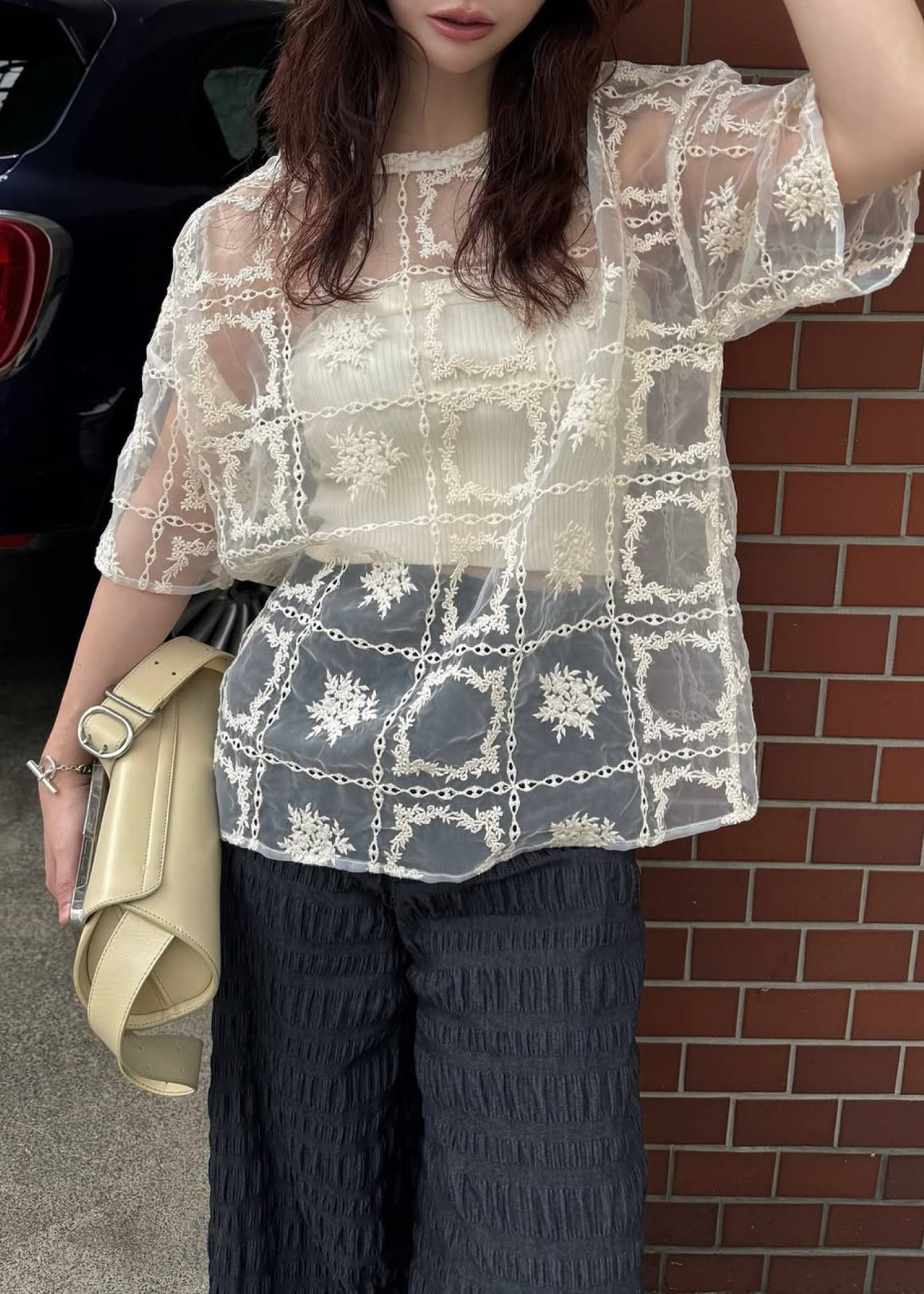 レースビッグTシャツ & リブトップス セット (Natural) square lace big tee & rib tops SET (ナチュラル) /  26SS