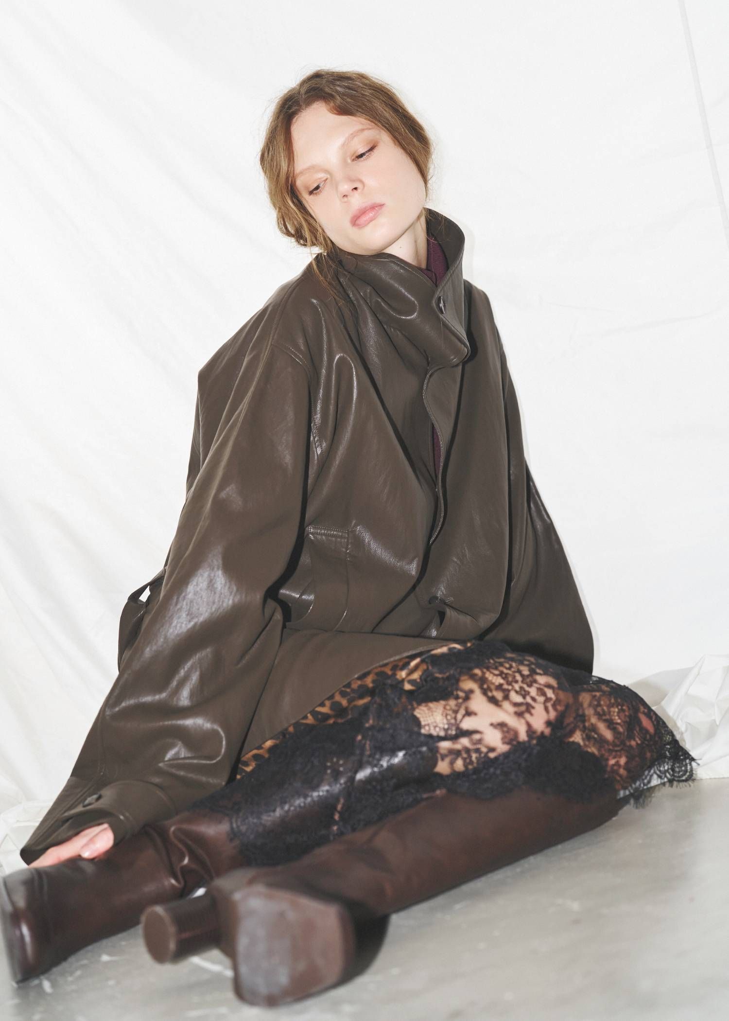 スタンドカラー レザージャケット (ブラウン) stand collar over size synthetic leather JK (Brown) /  26AW
