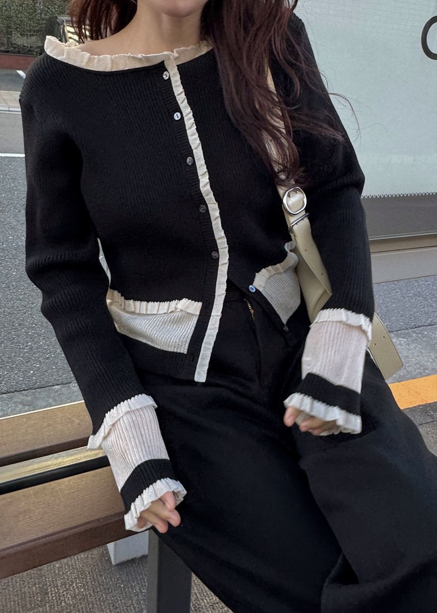 partial sheer frill knit cardigan / シアーフリル ニットカーディガン (Black) / 26SS