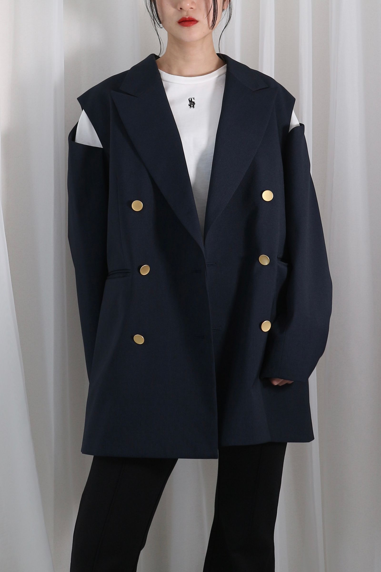 SHOULDER SLIT BLAZER JACKET / ショルダースリットブレザージャケット (ネイビー)