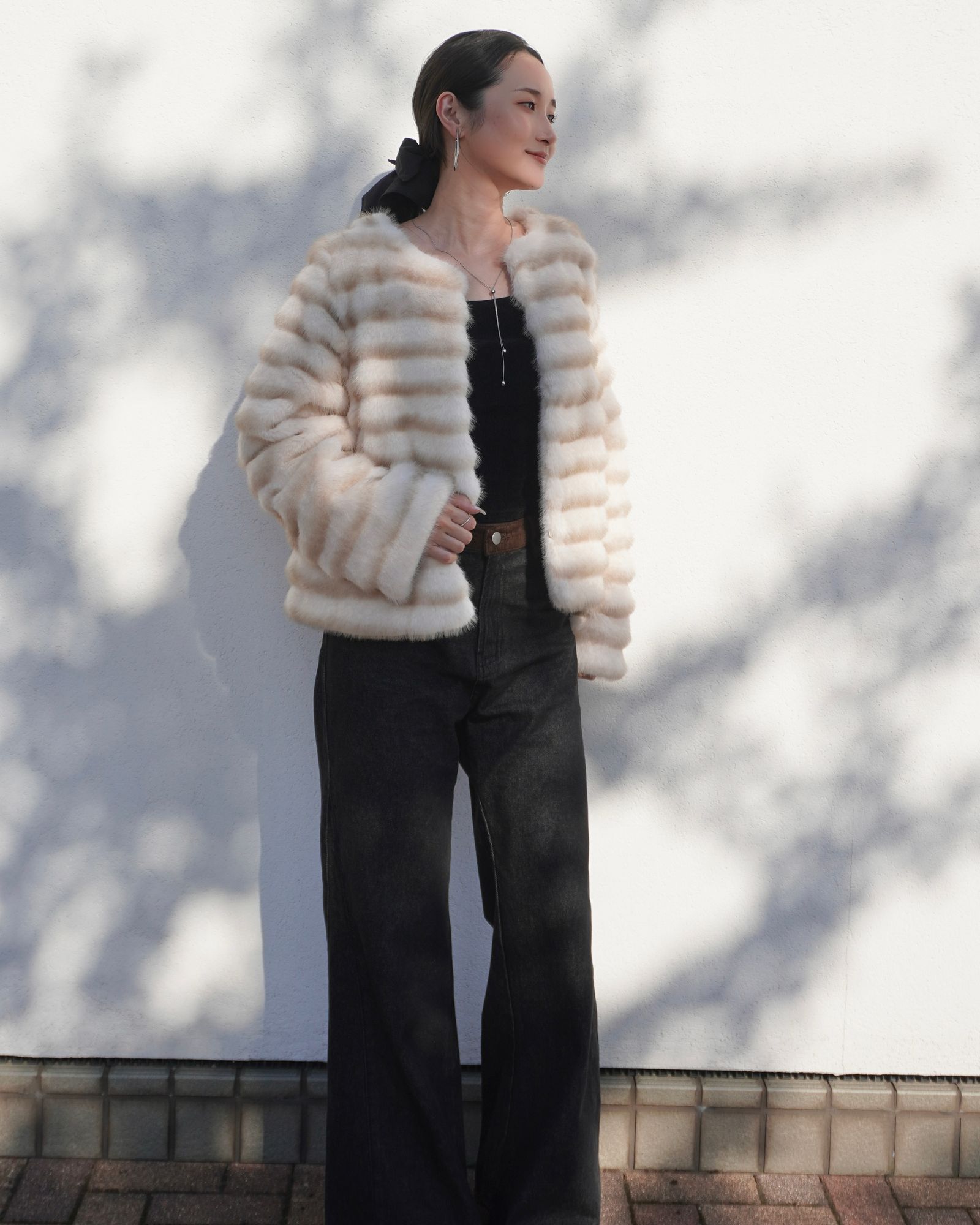 THINK FUR - 【25AW】Gradation Border Fur Jacket (アイボリー