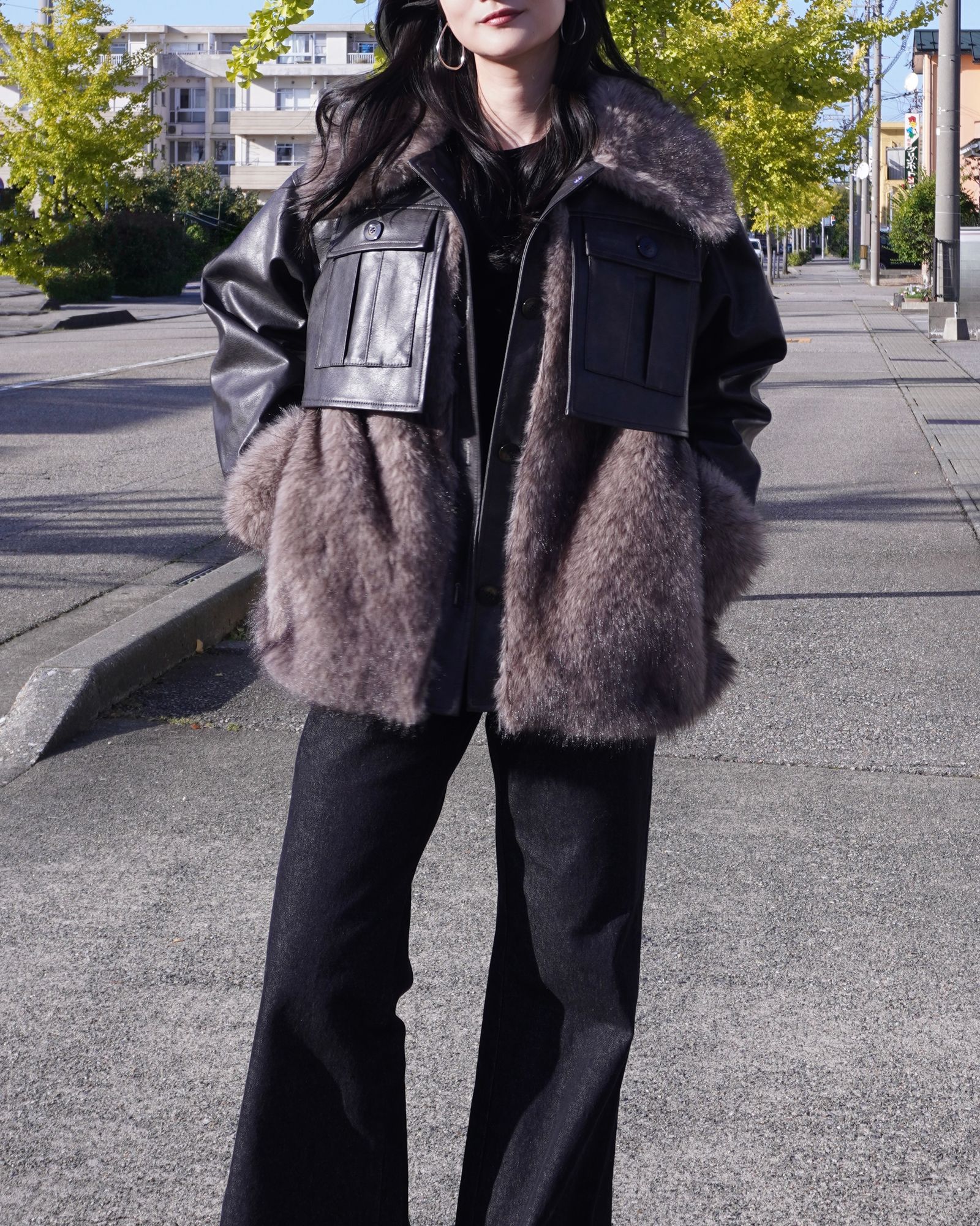 【25AW】Leather Docking Fur Jacket (ブラック) / レザードッキングファージャケット / エコファー / フェイクファー