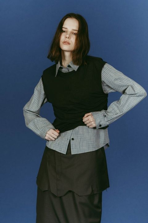 2-piece layered compact shirt (BlueChacoal) / 2ピース レイヤードコンパクトシャツ (ブルーチャコール) / 26SS