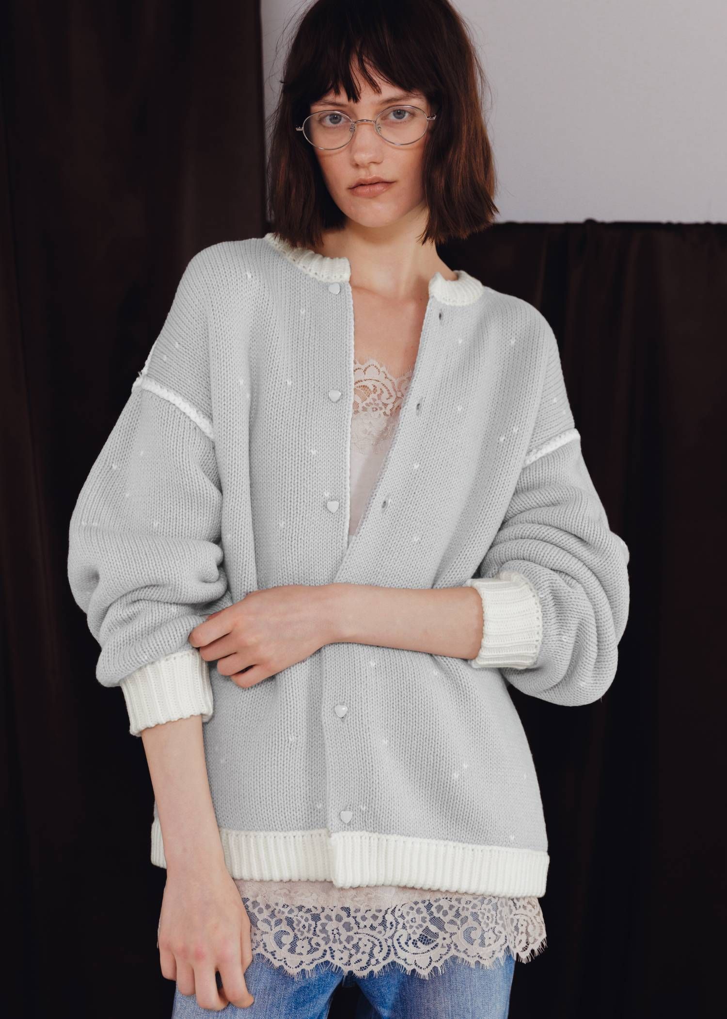 【ロング】ハートドット リバーシブルカーディガン (アイボリー×アイス) long heart dot jacquard reversible knit cardigan (ivory×ice) /  26SS