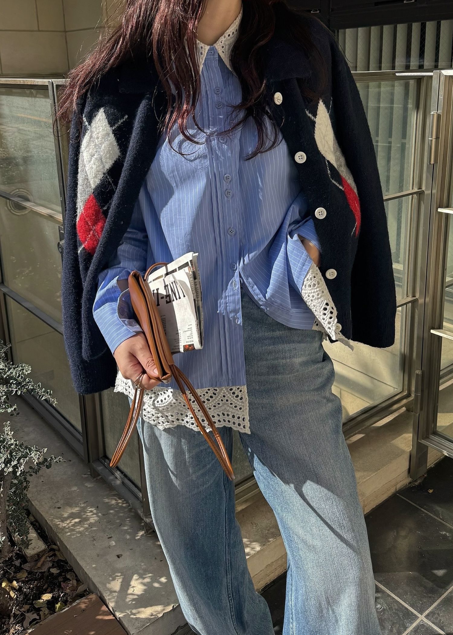 lace collar hem shoulder pintuck SH / レースヘムショルダー ピンタックシャツ (サックス) / 25AW /