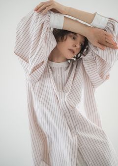 stripe balloon sleeve cleric BL / ストライプ バルーンスリーブ ブラウス (Baby pink) / 26SS