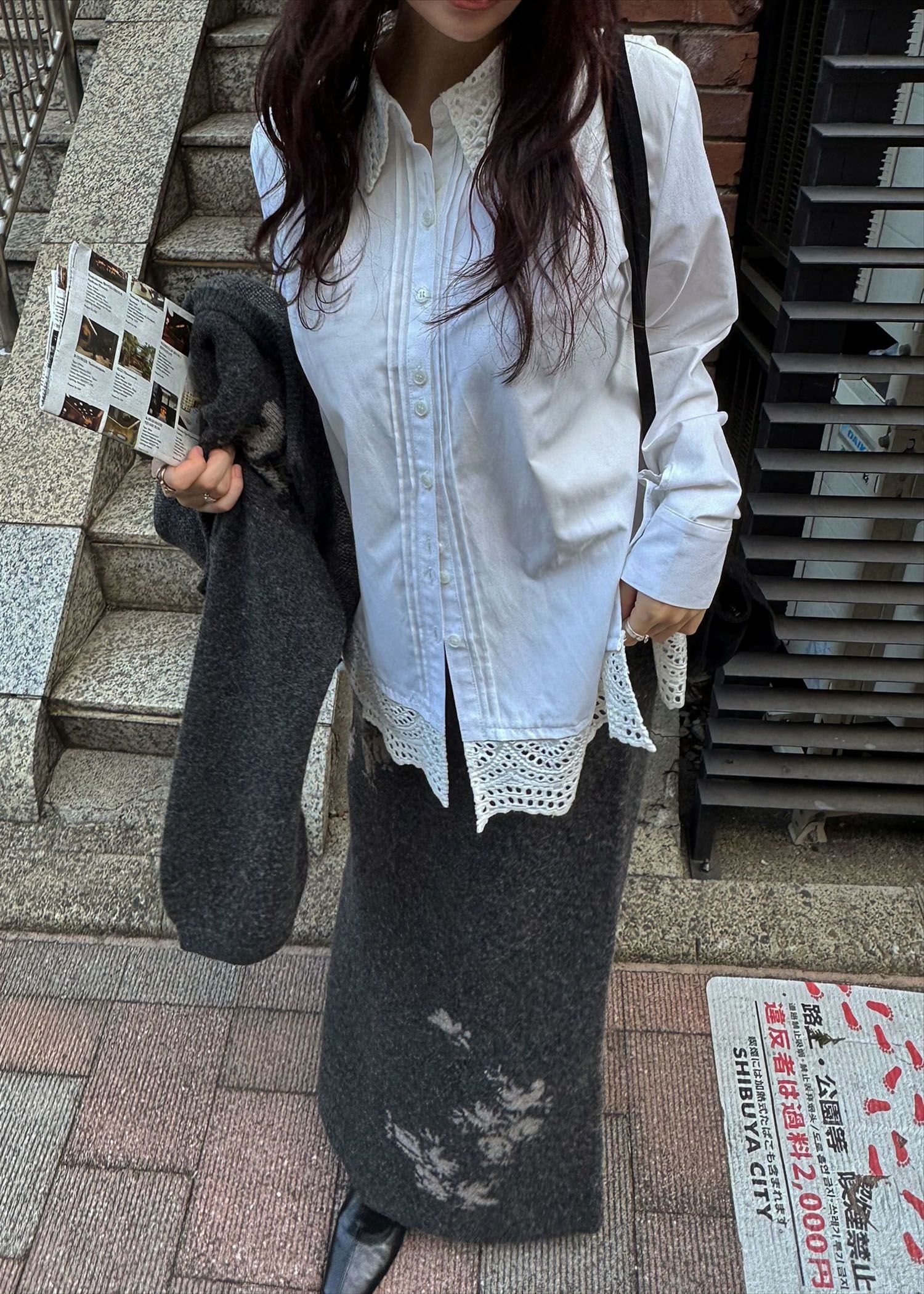 flower jacquard pencil knit SK / フラワージャガード ペンシルニットスカート (チャコール) / 25AW /