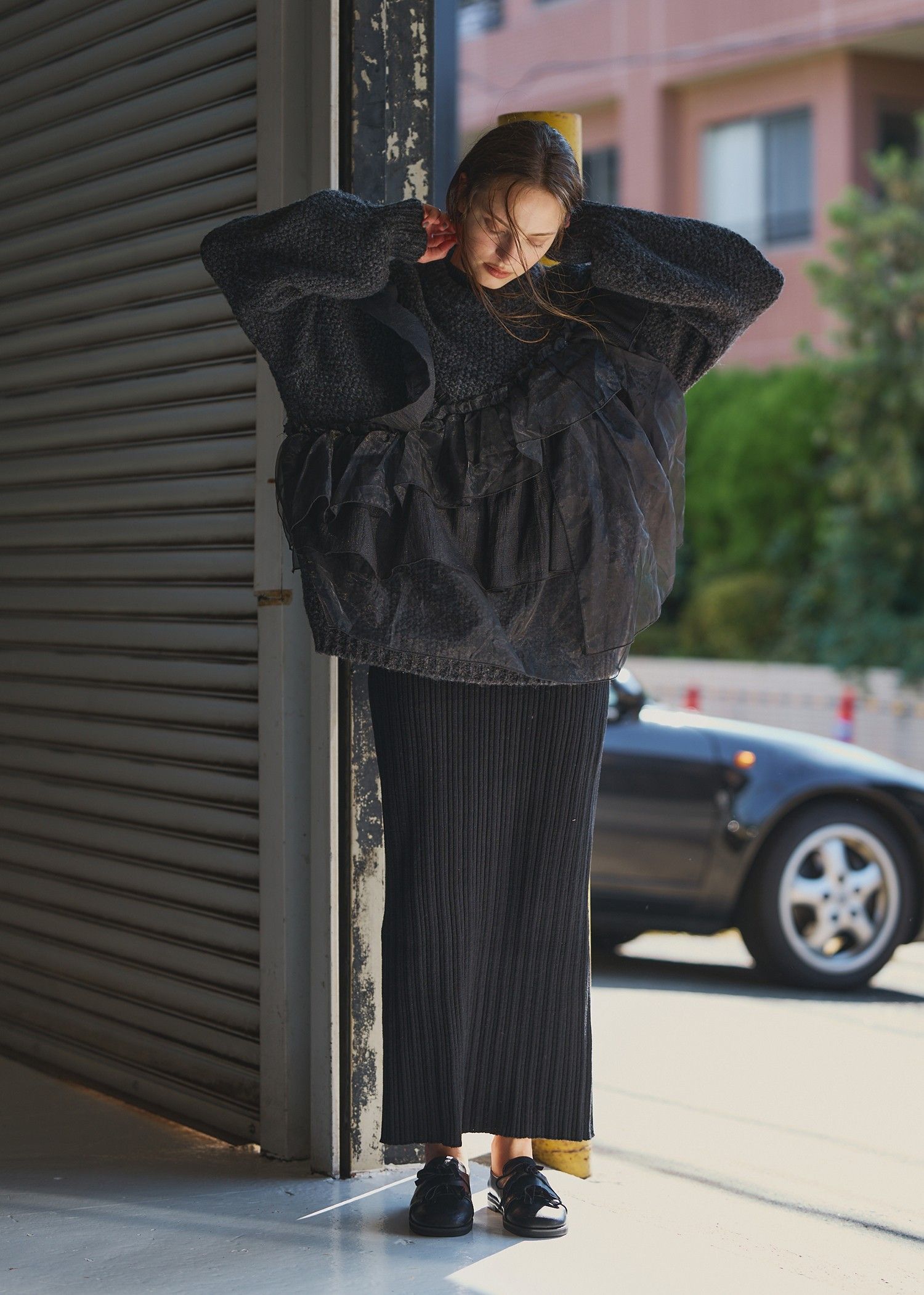 random frill placement volume sleeve knit / ランダムフリルニット (ブラック) / 25AW /