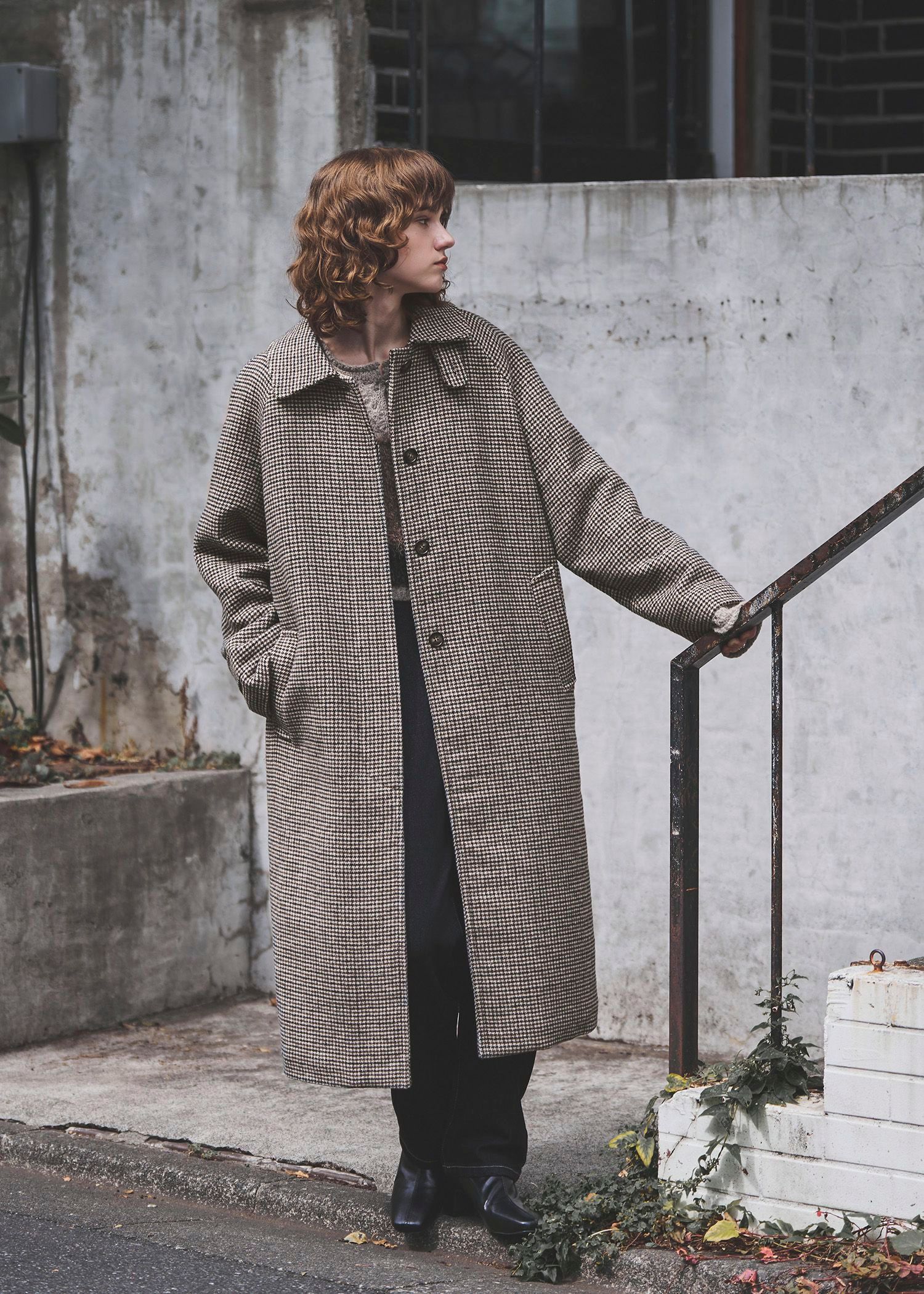 hound tooth soutien collar quilting coat / ハウンドトゥース ステンカラーコート (ミックス) / 25AW /
