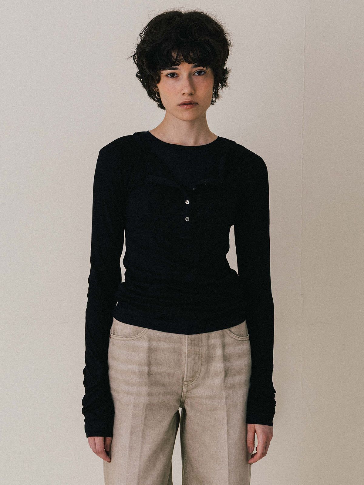 【25AW】LAYERED L/S HENLY TEE / レイヤード ロングスリーブ ヘンリーTシャツ (ブラック)