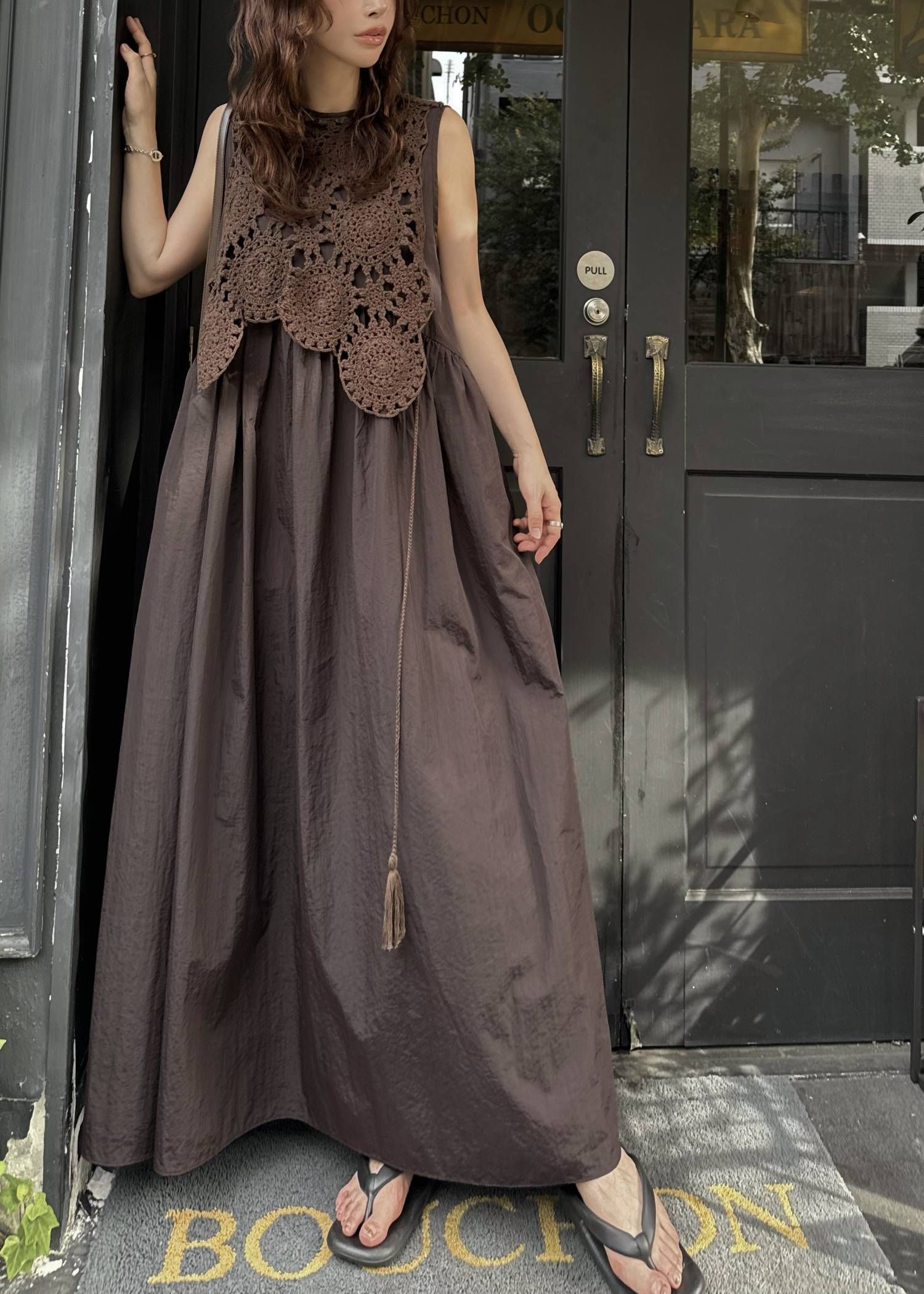 クロシェ ナイロンワンピース (ブラウン) crochet knit layered nylon OP (Brown) /  26SS