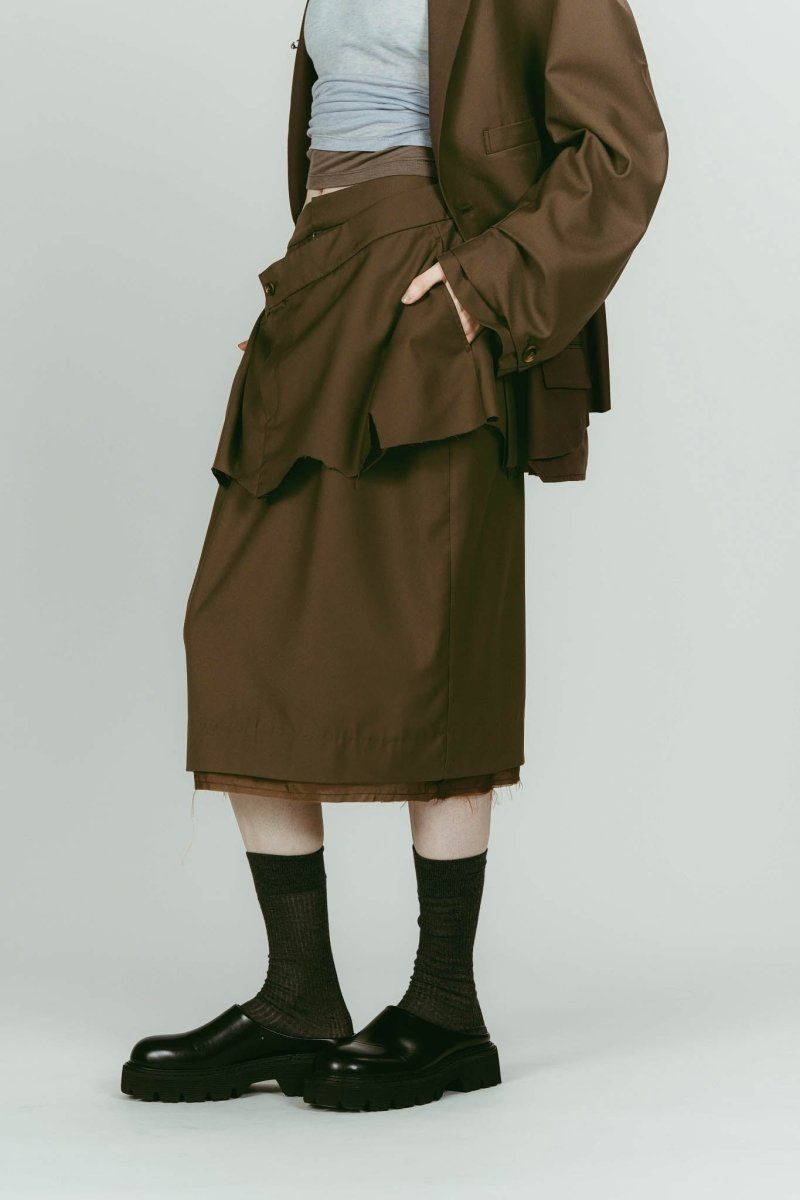cut layered mid length skirt (Brown) / レイヤード ミディアム丈スカート (ブラウン) / 26SS
