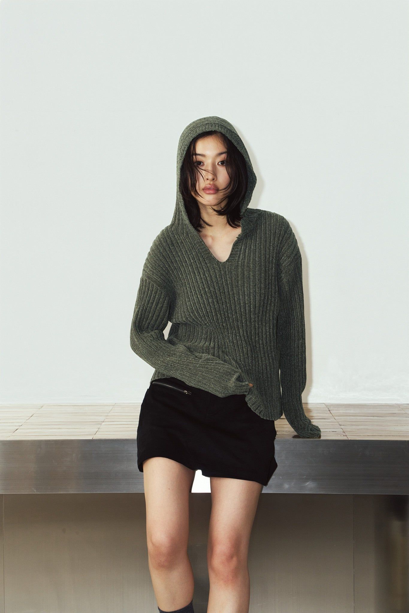 ブークレ ニット フーディ (カーキ) rib hoodie boucle knit (Khaki) / 26AW