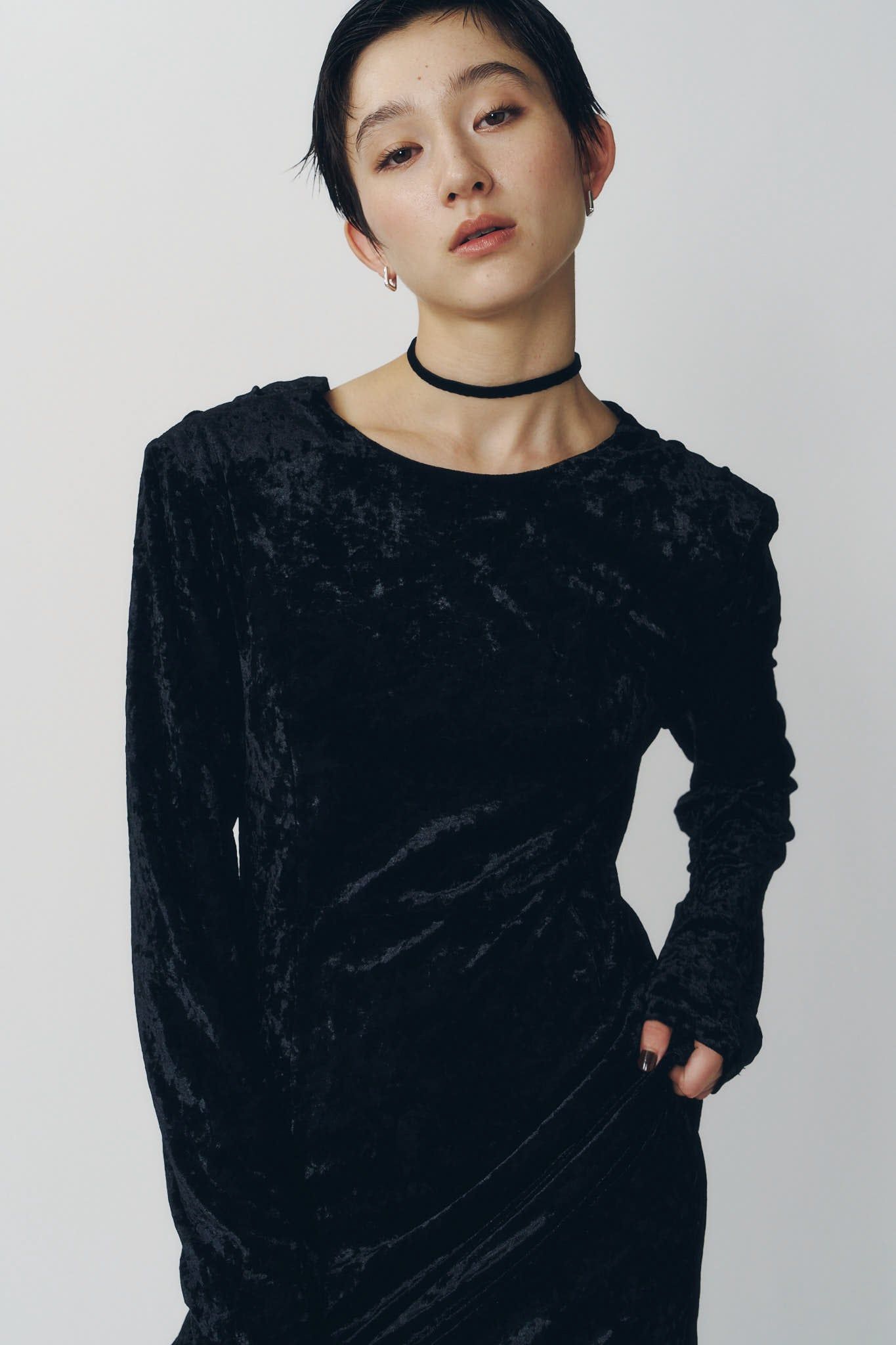 2ウェイ ベロアドレープドレス (ブラック) 2way draped velour dress (Black) / 26AW