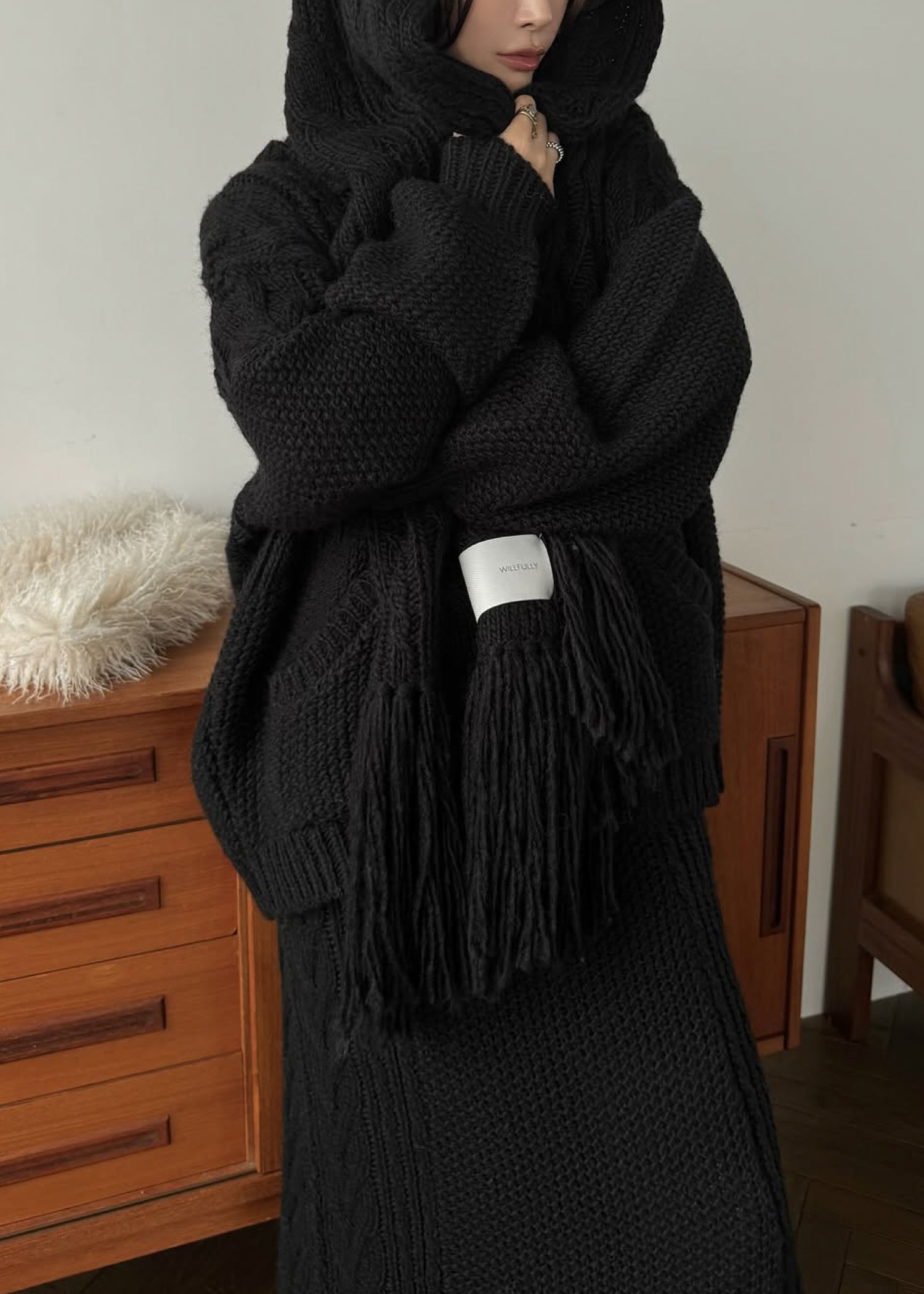 coarse knit cable fringe muffler / フリンジケーブルニットマフラー (ブラック) / 25AW