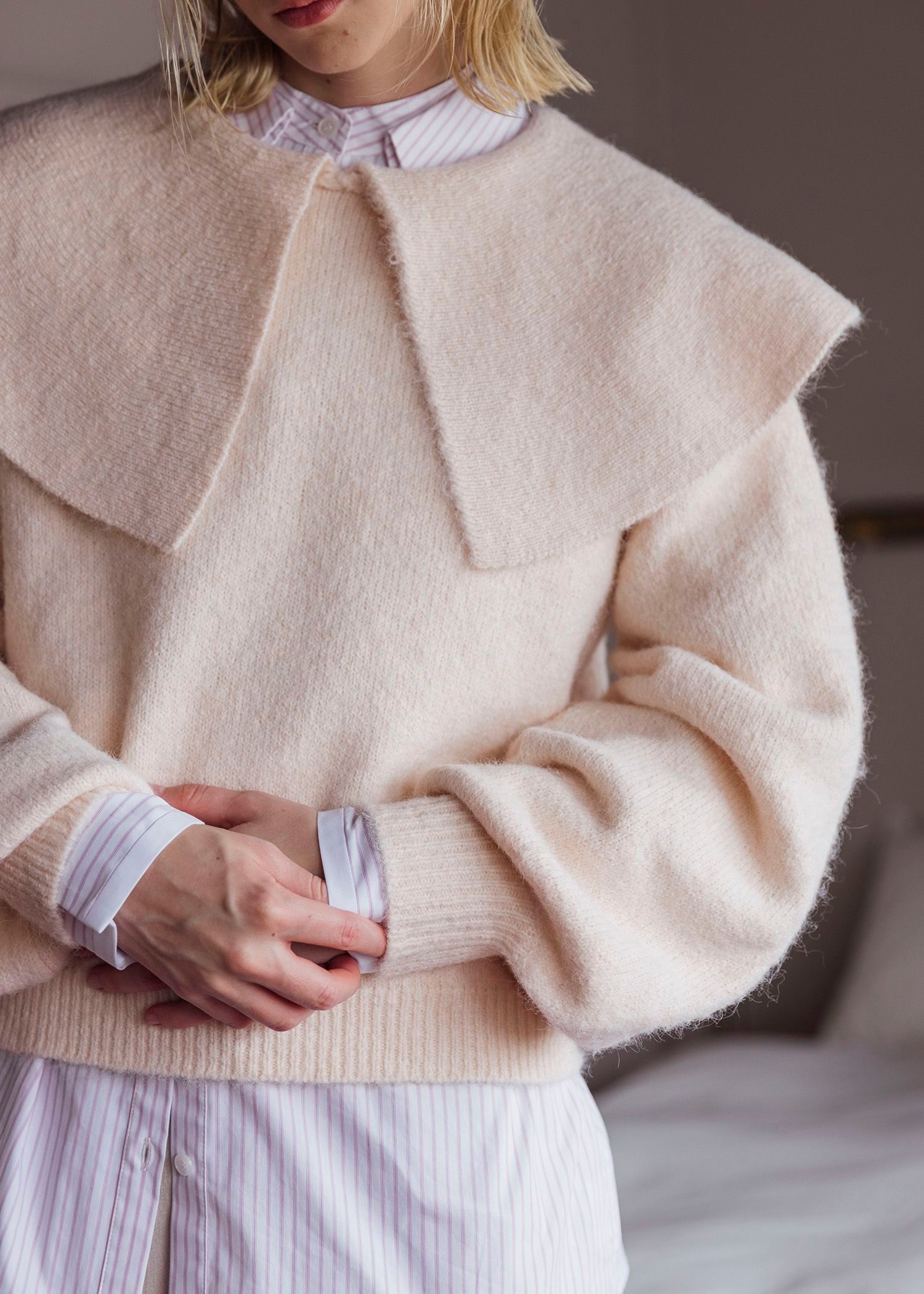 overlay big collar volume sleeve knit / ビッグカラー ボリュームスリーブニット (ベビーピンク) / 25AW /