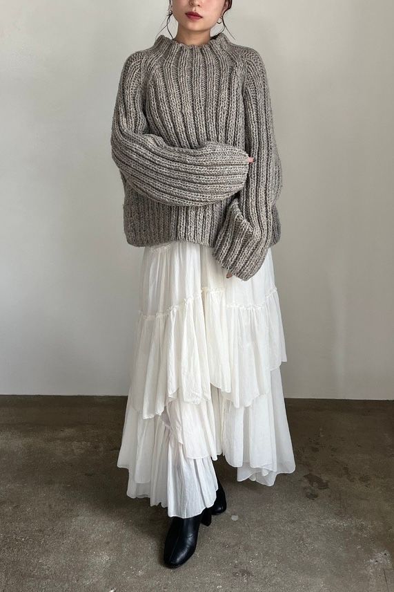 WIDE RIB HAND KNIT PULLOVER / ワイドリブハンドニットプルオーバー (グレー)