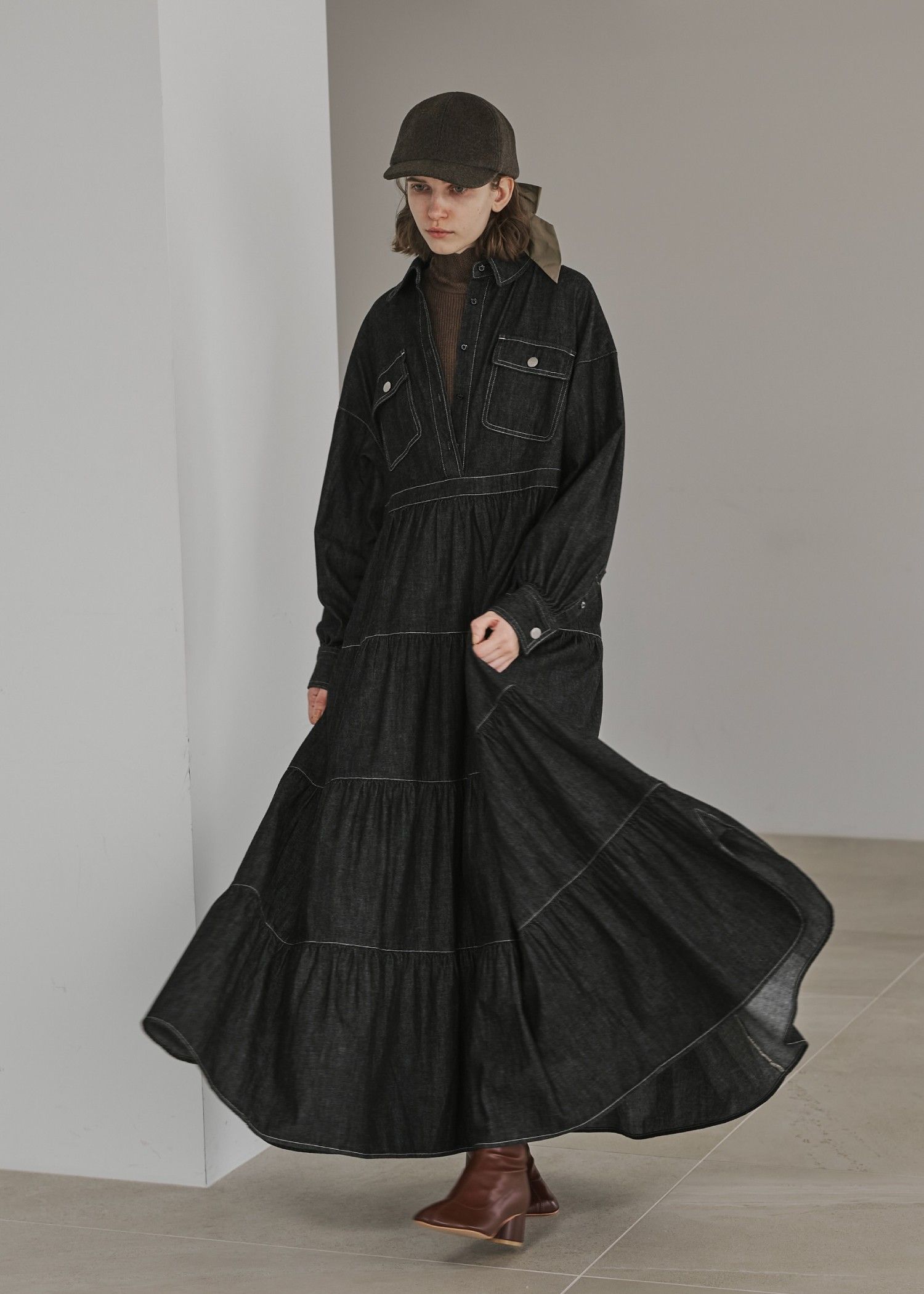 【Healthy DENIM × WILLFULLY】"Aphrodite" tiered denim shirt OP / ヘルシーデニムコラボ デニムシャツワンピース (ブラック) / 25AW /