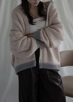 【ロング】ハートドット リバーシブルカーディガン (グレー×ベビーピンク) long heart dot jacquard reversible knit cardigan (gray×baby pink) /  26SS